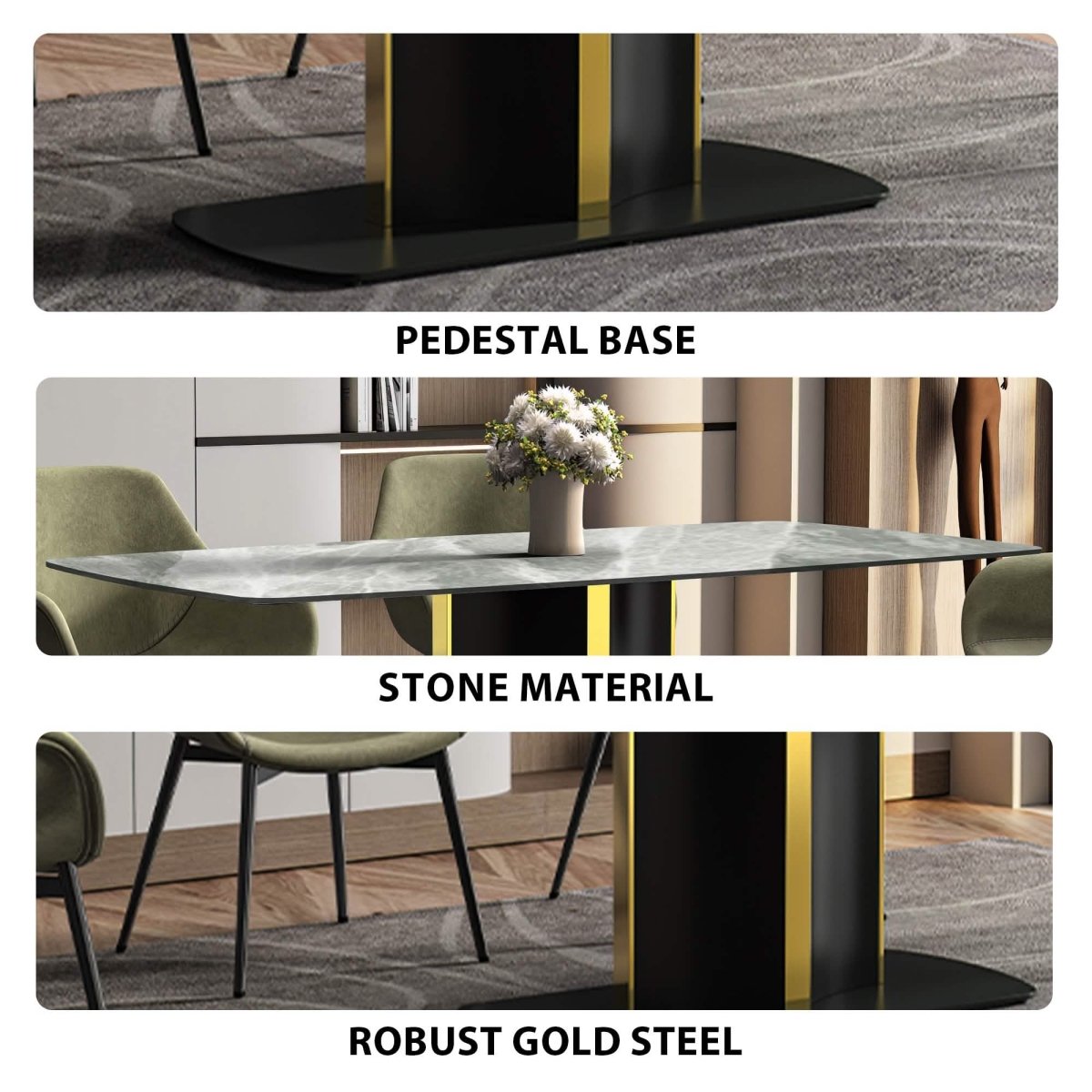 Sylva Rectangular Dining Table with Glass/Sintered Stone Tabletop in Black and Gold Steel Base