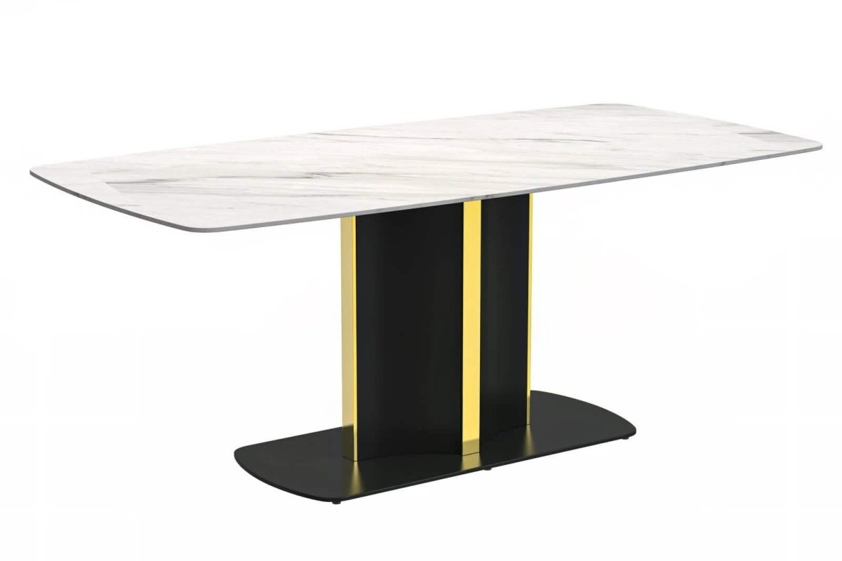Sylva Rectangular Dining Table with Glass/Sintered Stone Tabletop in Black and Gold Steel Base