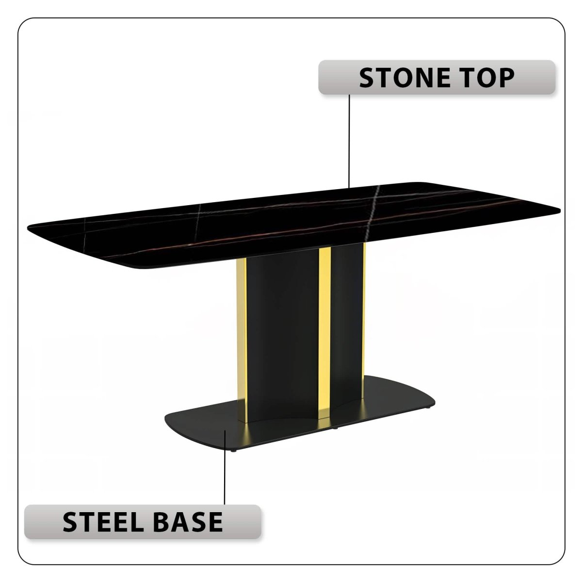 Sylva Rectangular Dining Table with Glass/Sintered Stone Tabletop in Black and Gold Steel Base