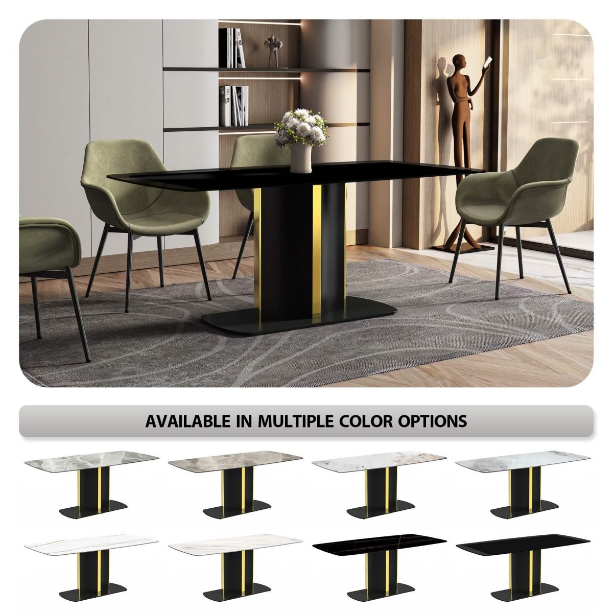 Sylva Rectangular Dining Table with Glass/Sintered Stone Tabletop in Black and Gold Steel Base
