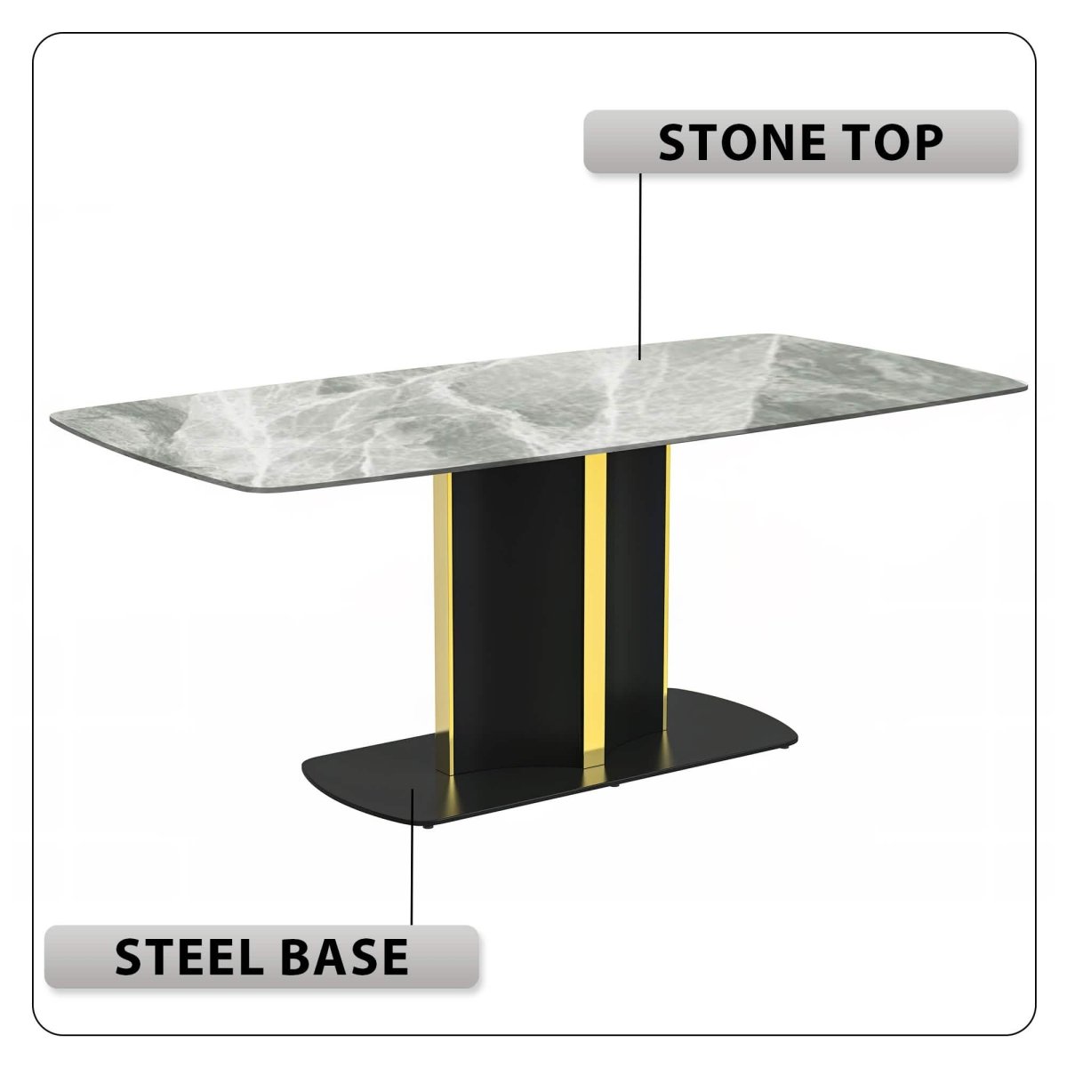 Sylva Rectangular Dining Table with Glass/Sintered Stone Tabletop in Black and Gold Steel Base