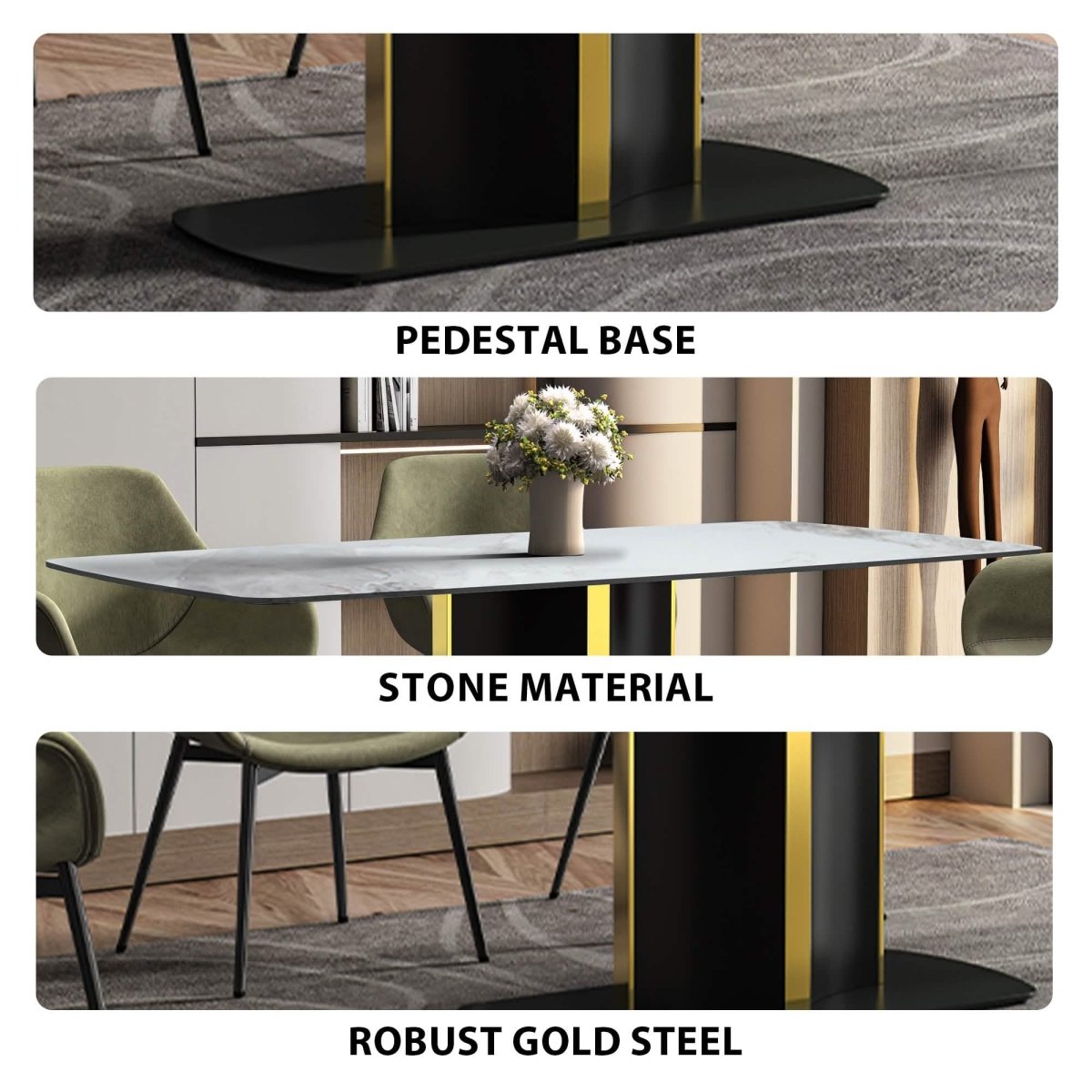 Sylva Rectangular Dining Table with Glass/Sintered Stone Tabletop in Black and Gold Steel Base