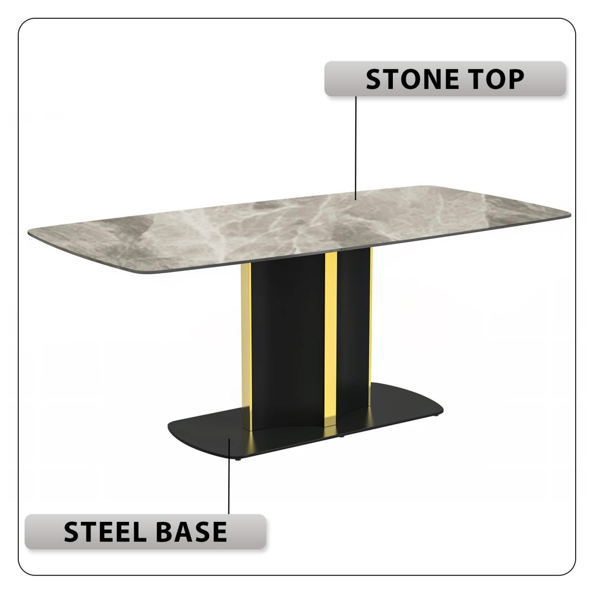 Sylva Rectangular Dining Table with Glass/Sintered Stone Tabletop in Black and Gold Steel Base