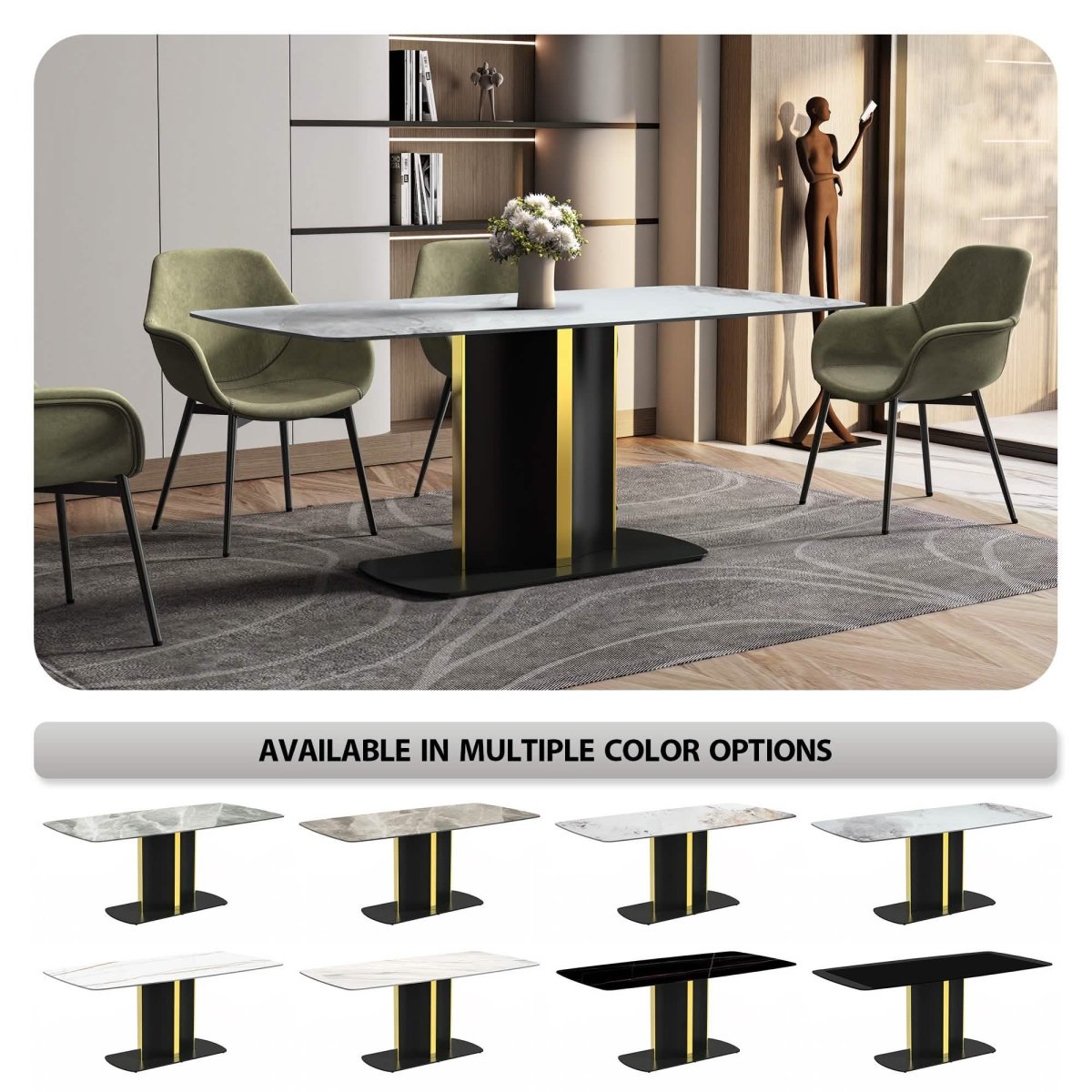 Sylva Rectangular Dining Table with Glass/Sintered Stone Tabletop in Black and Gold Steel Base