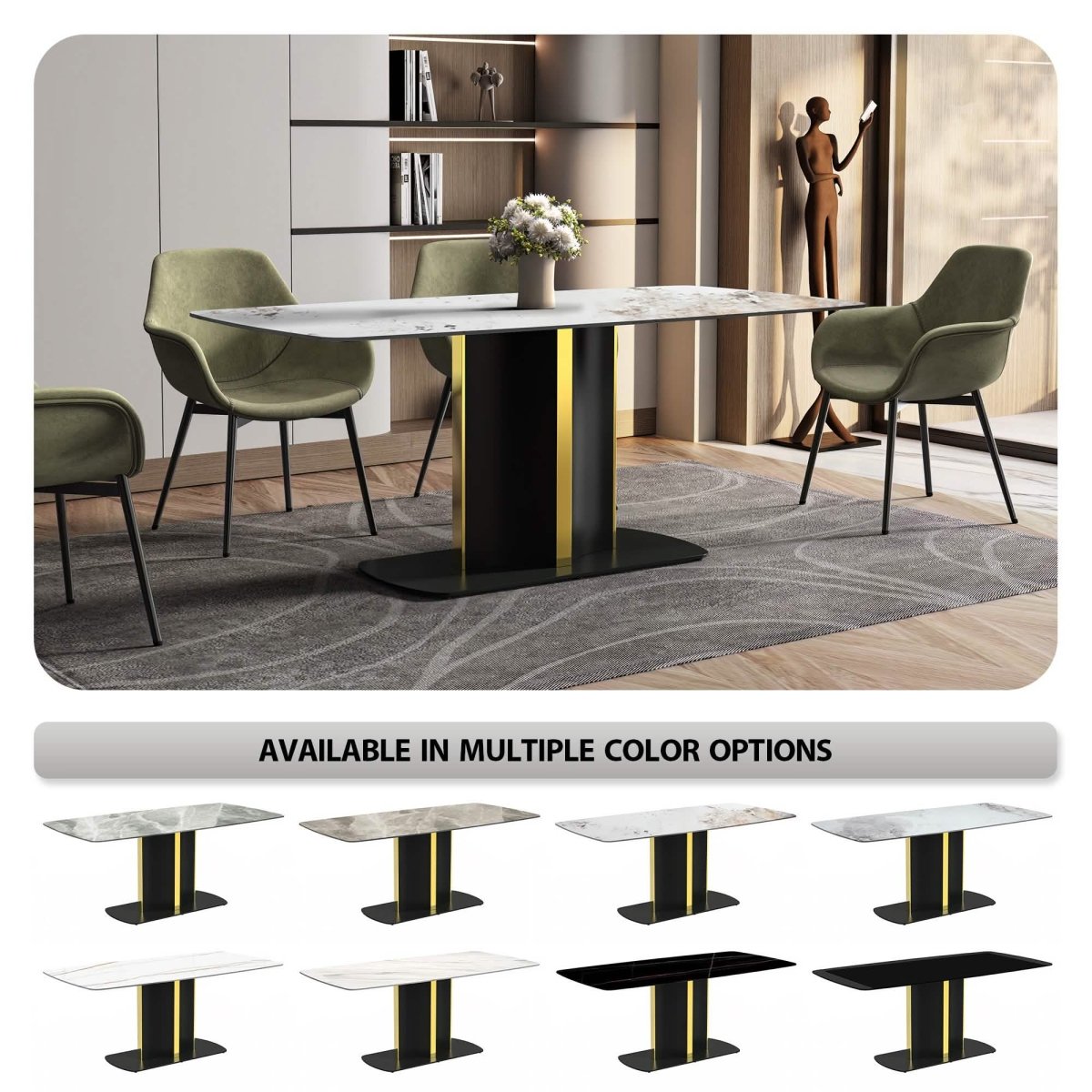 Sylva Rectangular Dining Table with Glass/Sintered Stone Tabletop in Black and Gold Steel Base