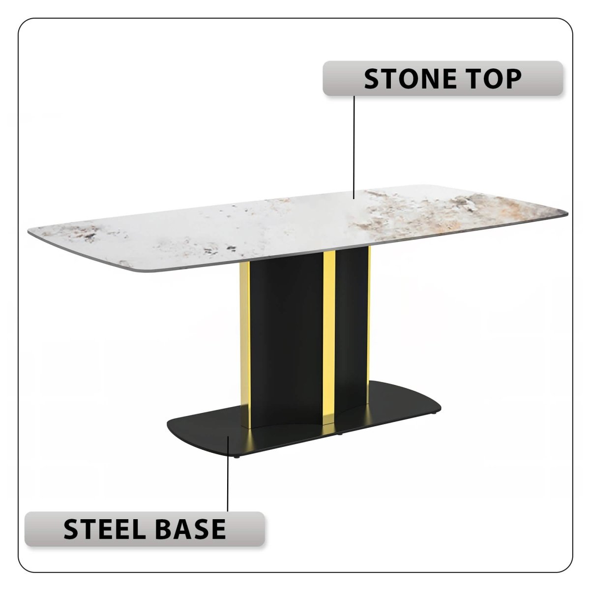 Sylva Rectangular Dining Table with Glass/Sintered Stone Tabletop in Black and Gold Steel Base