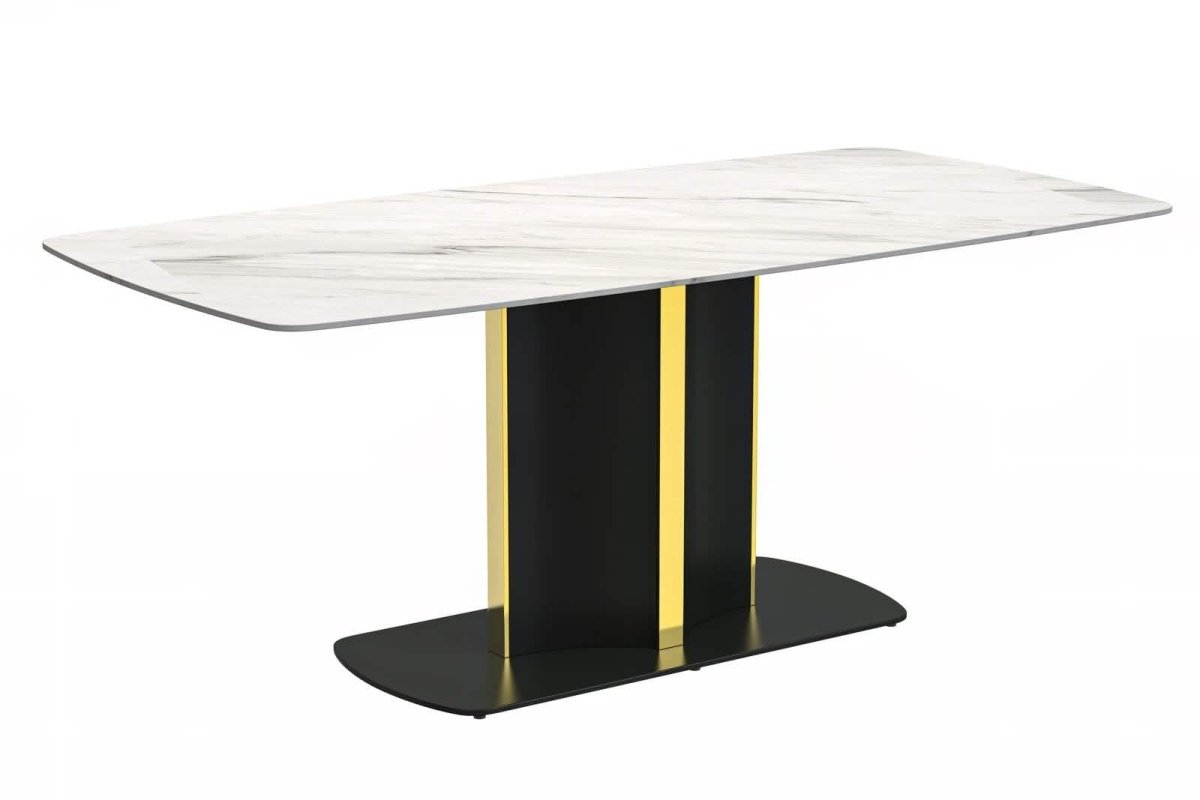 Sylva Rectangular Dining Table with Glass/Sintered Stone Tabletop in Black and Gold Steel Base