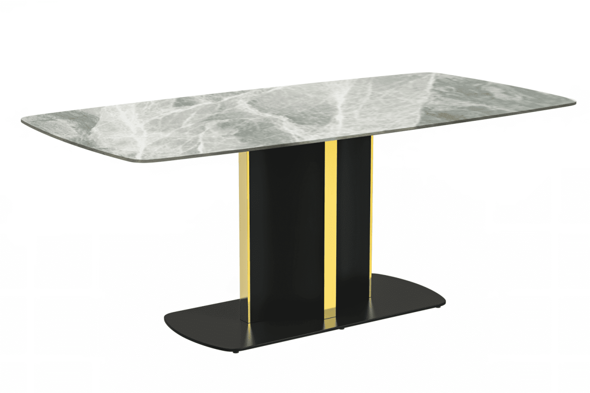 Sylva Rectangular Dining Table with Glass/Sintered Stone Tabletop in Black and Gold Steel Base