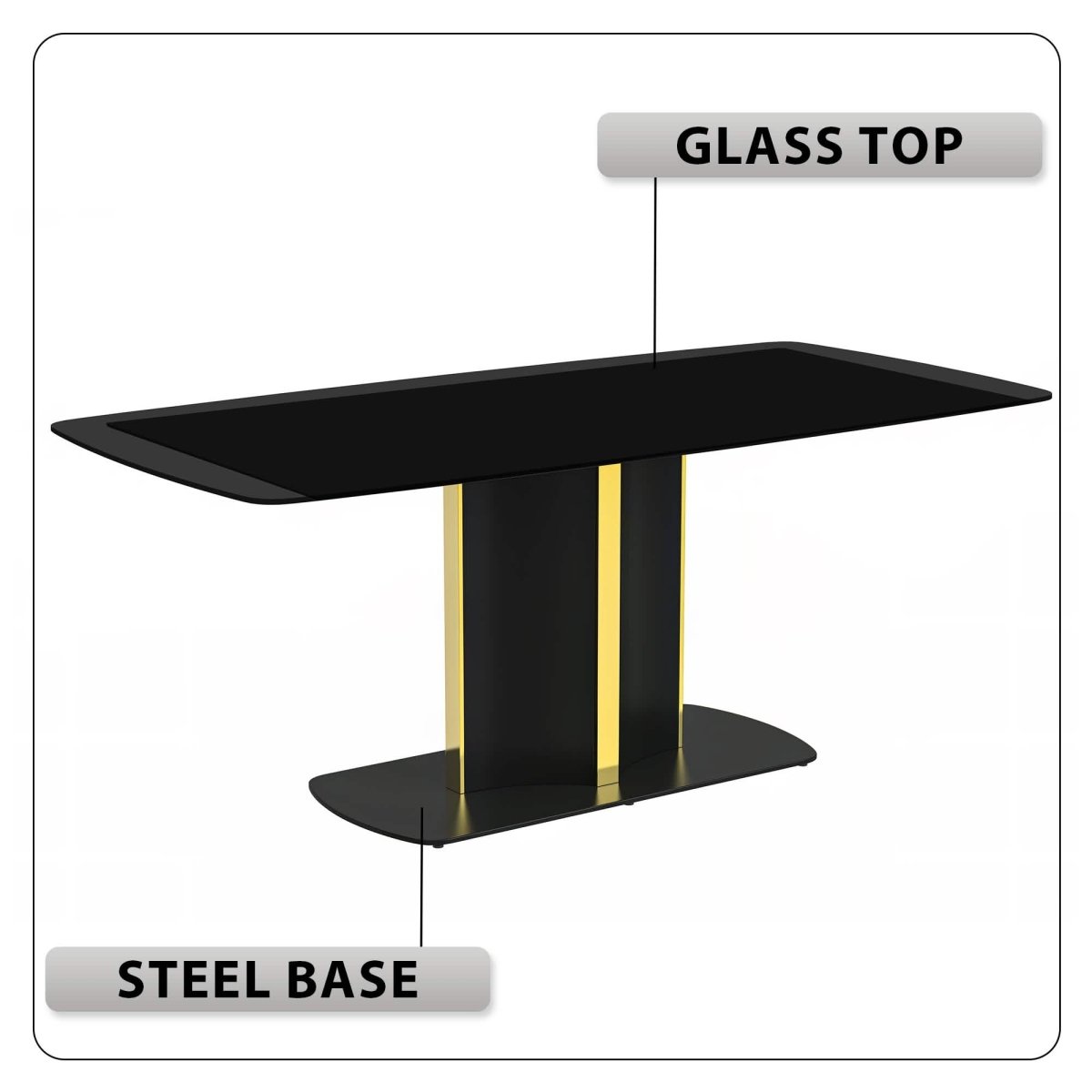 Sylva Rectangular Dining Table with Glass/Sintered Stone Tabletop in Black and Gold Steel Base