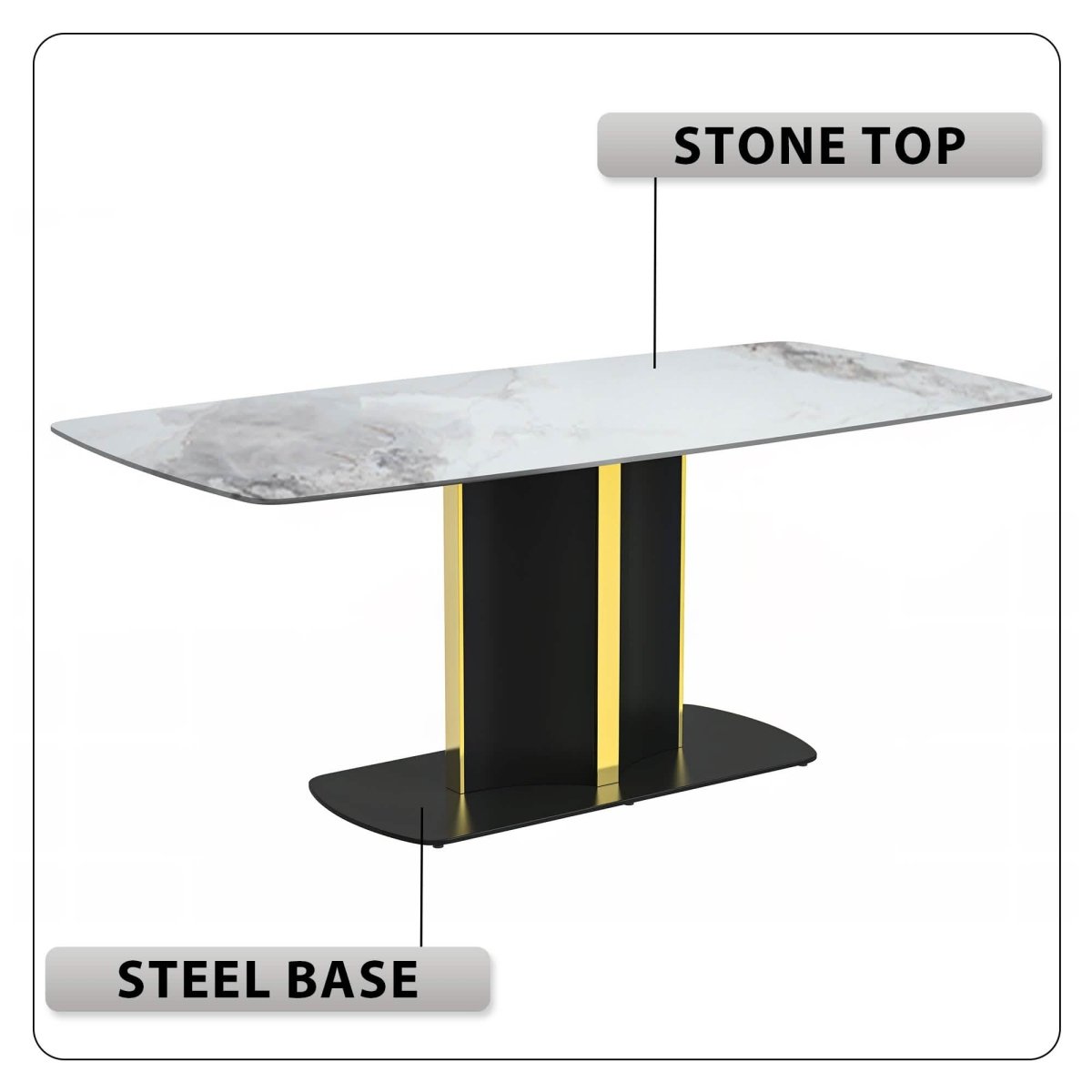 Sylva Rectangular Dining Table with Glass/Sintered Stone Tabletop in Black and Gold Steel Base