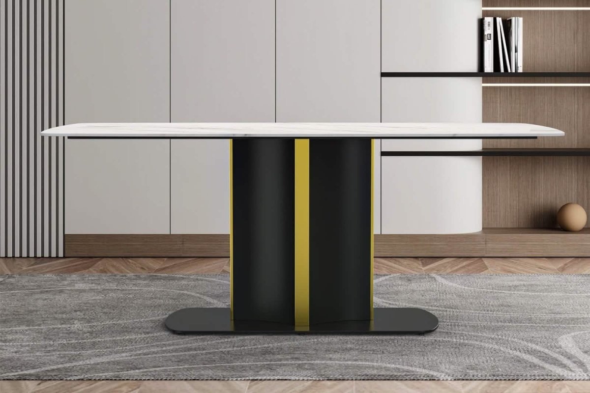 Sylva Rectangular Dining Table with Glass/Sintered Stone Tabletop in Black and Gold Steel Base