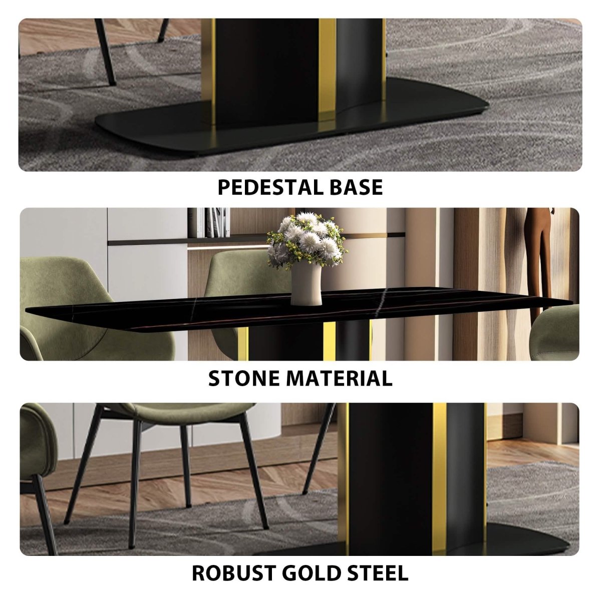Sylva Rectangular Dining Table with Glass/Sintered Stone Tabletop in Black and Gold Steel Base