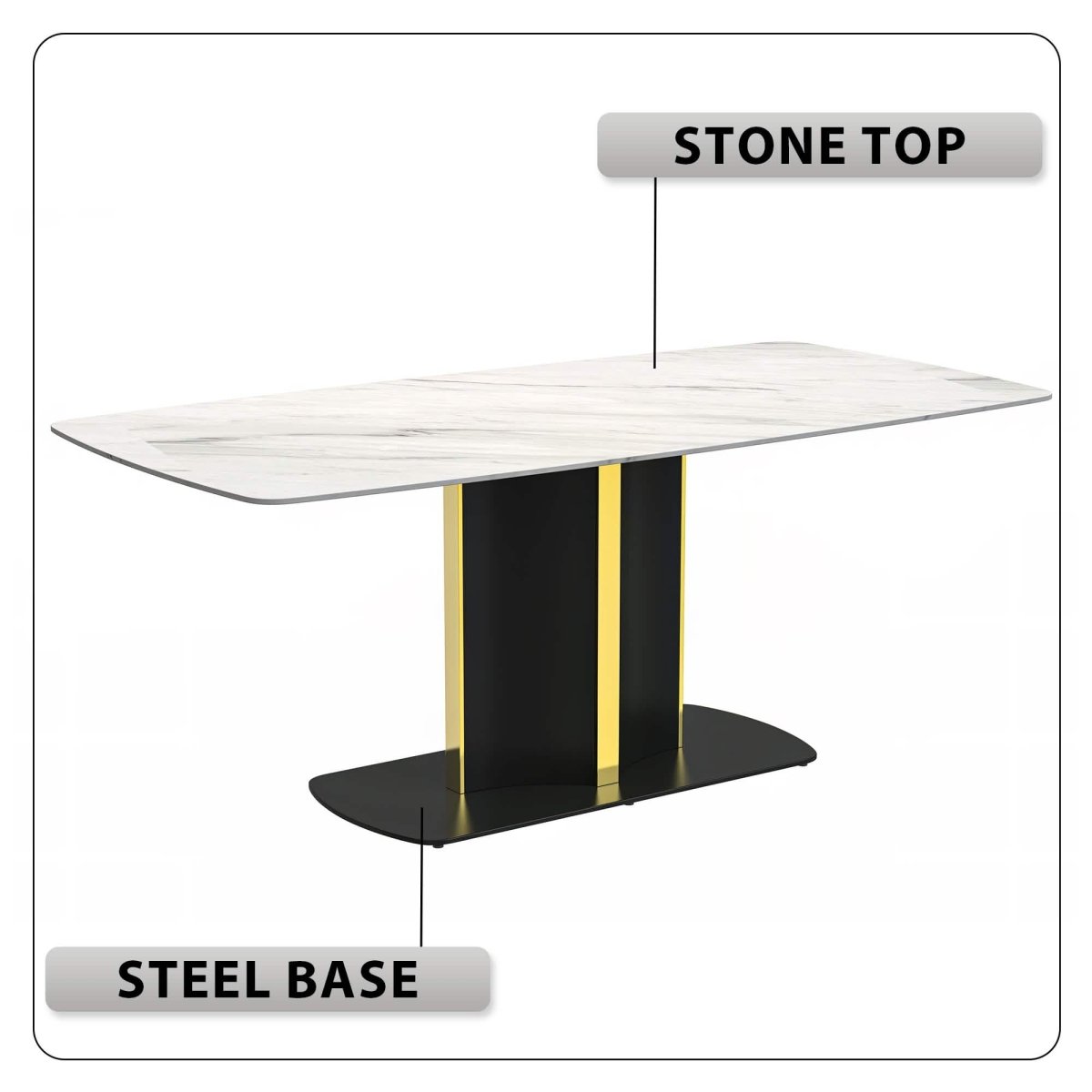 Sylva Rectangular Dining Table with Glass/Sintered Stone Tabletop in Black and Gold Steel Base