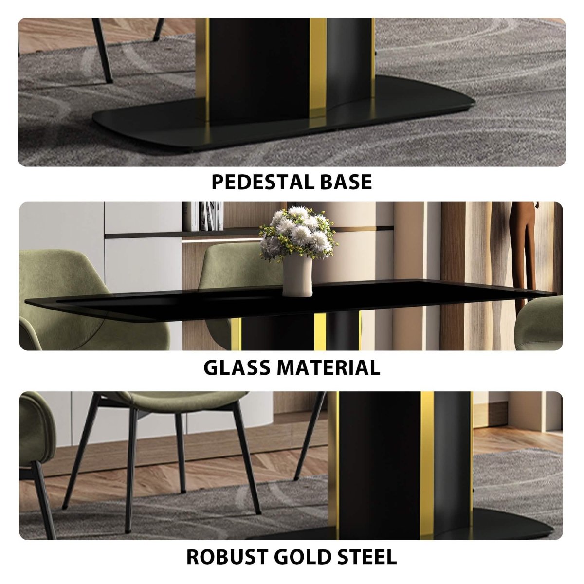Sylva Rectangular Dining Table with Glass/Sintered Stone Tabletop in Black and Gold Steel Base