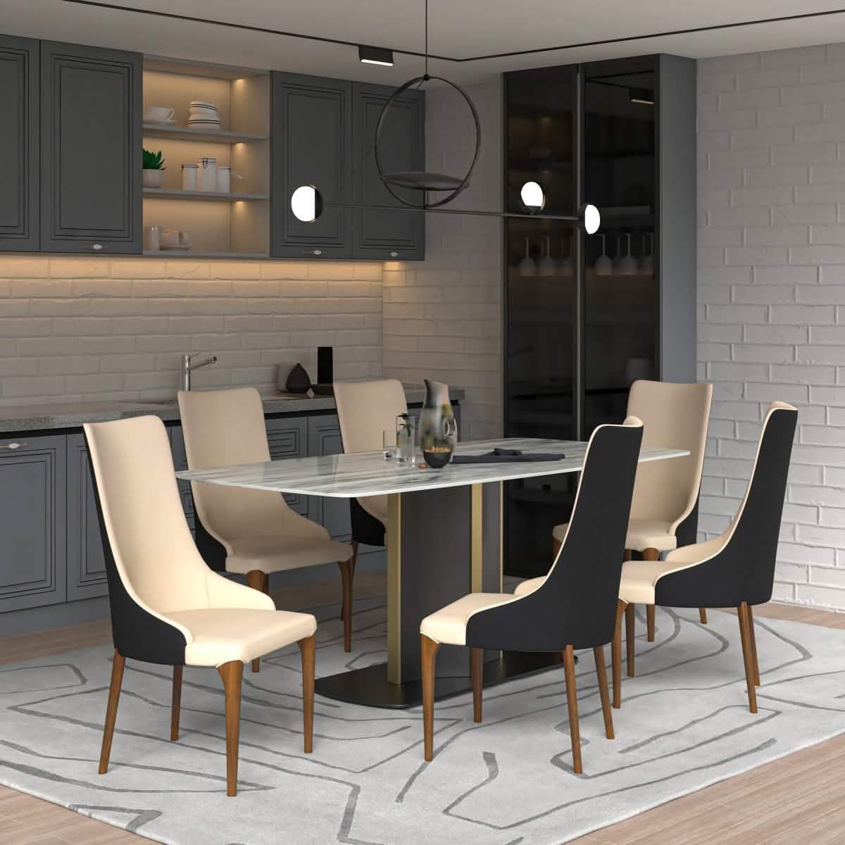 Sylvia 7 - Piece Dining Set with Rectangular Sintered Stone Top Table and 6 Upholstered Dining Chairs with Ash Wood Base