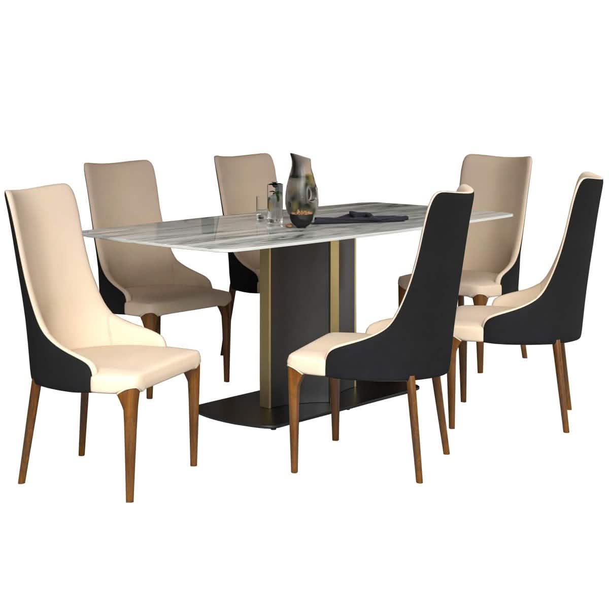 Sylvia 7 - Piece Dining Set with Rectangular Sintered Stone Top Table and 6 Upholstered Dining Chairs with Ash Wood Base