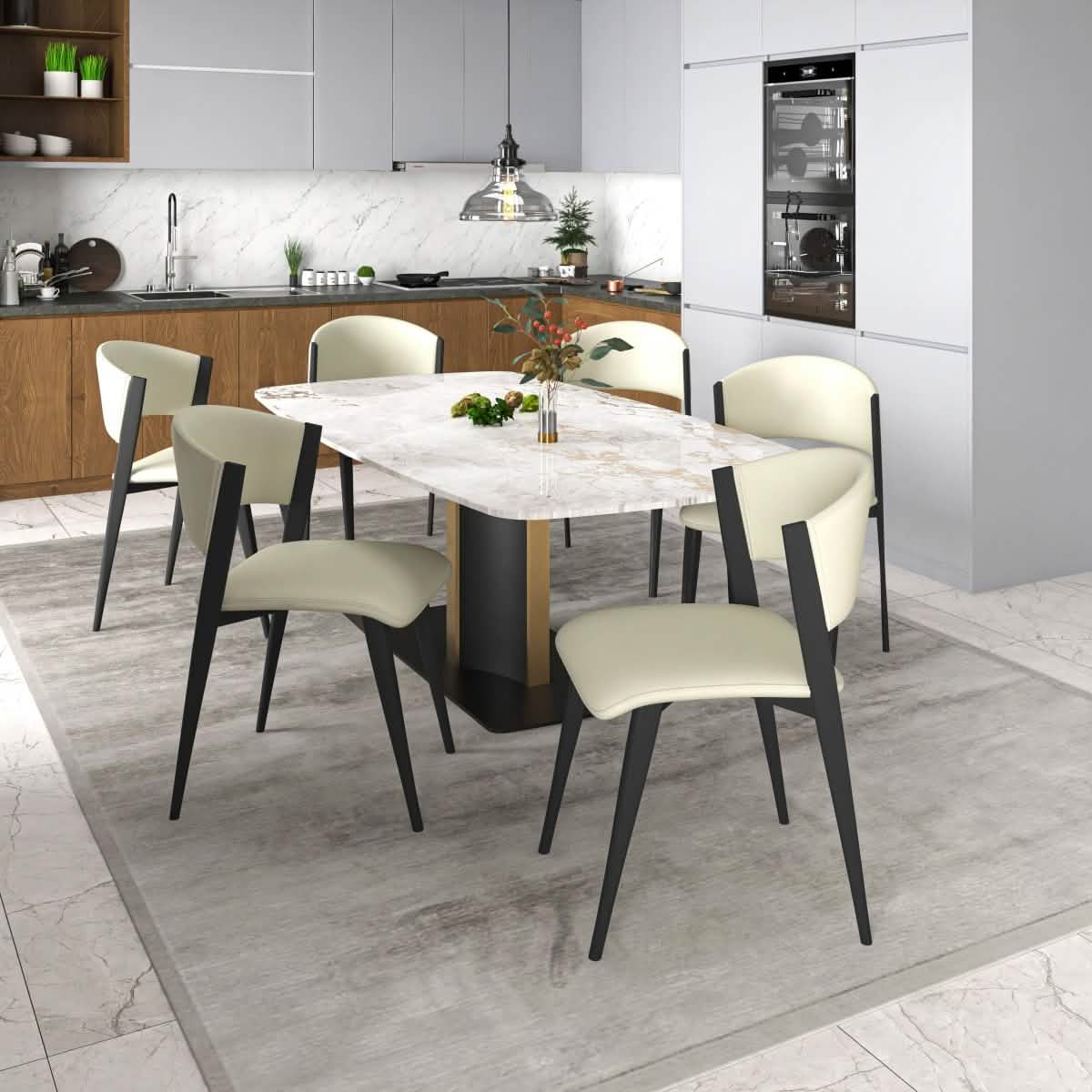 Sylvia 7 - Piece Dining Set with Rectangular Table in Sintered Stone Top and 6 Leather Side Chairs