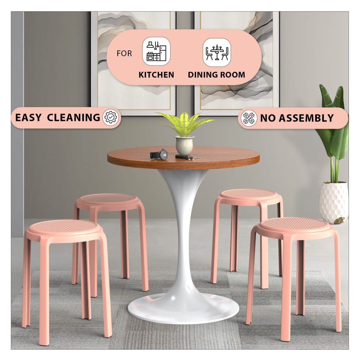 Tresse Mid - Century Modern Stackable Round Plastic Dining Stool for Kitchen and Dining Room