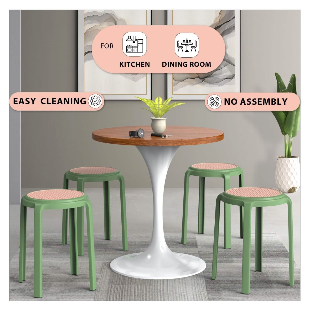 Tresse Mid - Century Modern Stackable Round Plastic Dining Stool for Kitchen and Dining Room