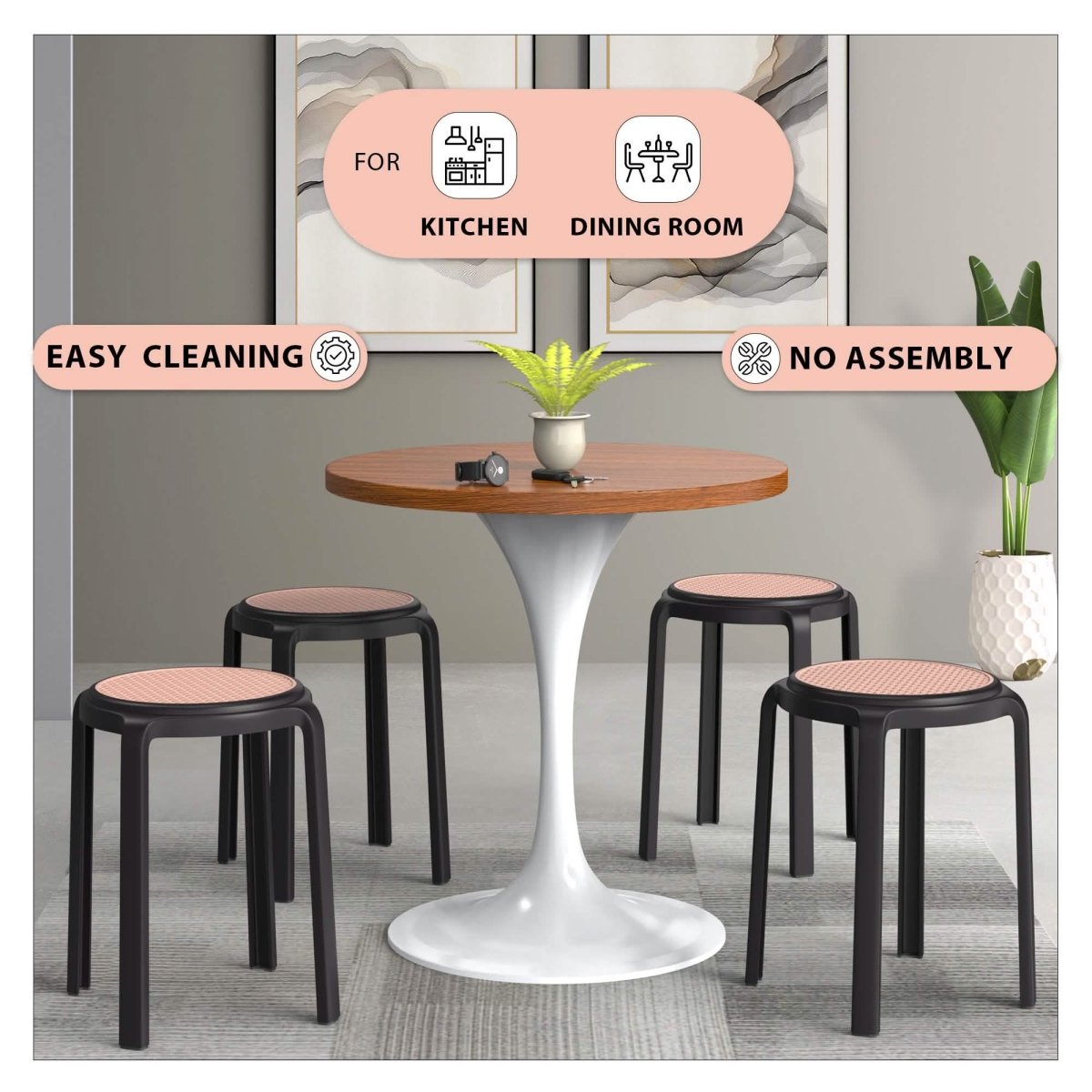 Tresse Mid - Century Modern Stackable Round Plastic Dining Stool for Kitchen and Dining Room