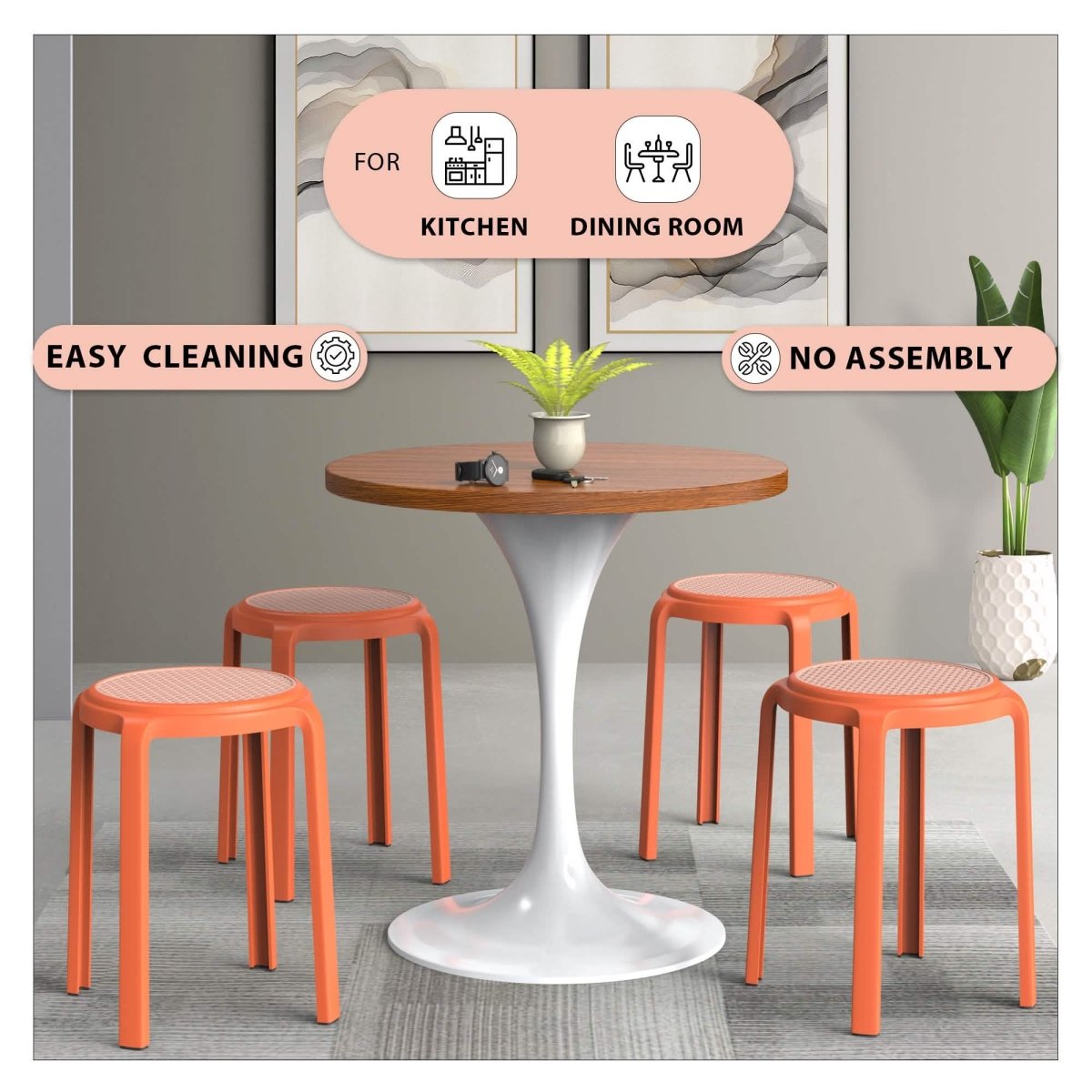 Tresse Mid - Century Modern Stackable Round Plastic Dining Stool for Kitchen and Dining Room