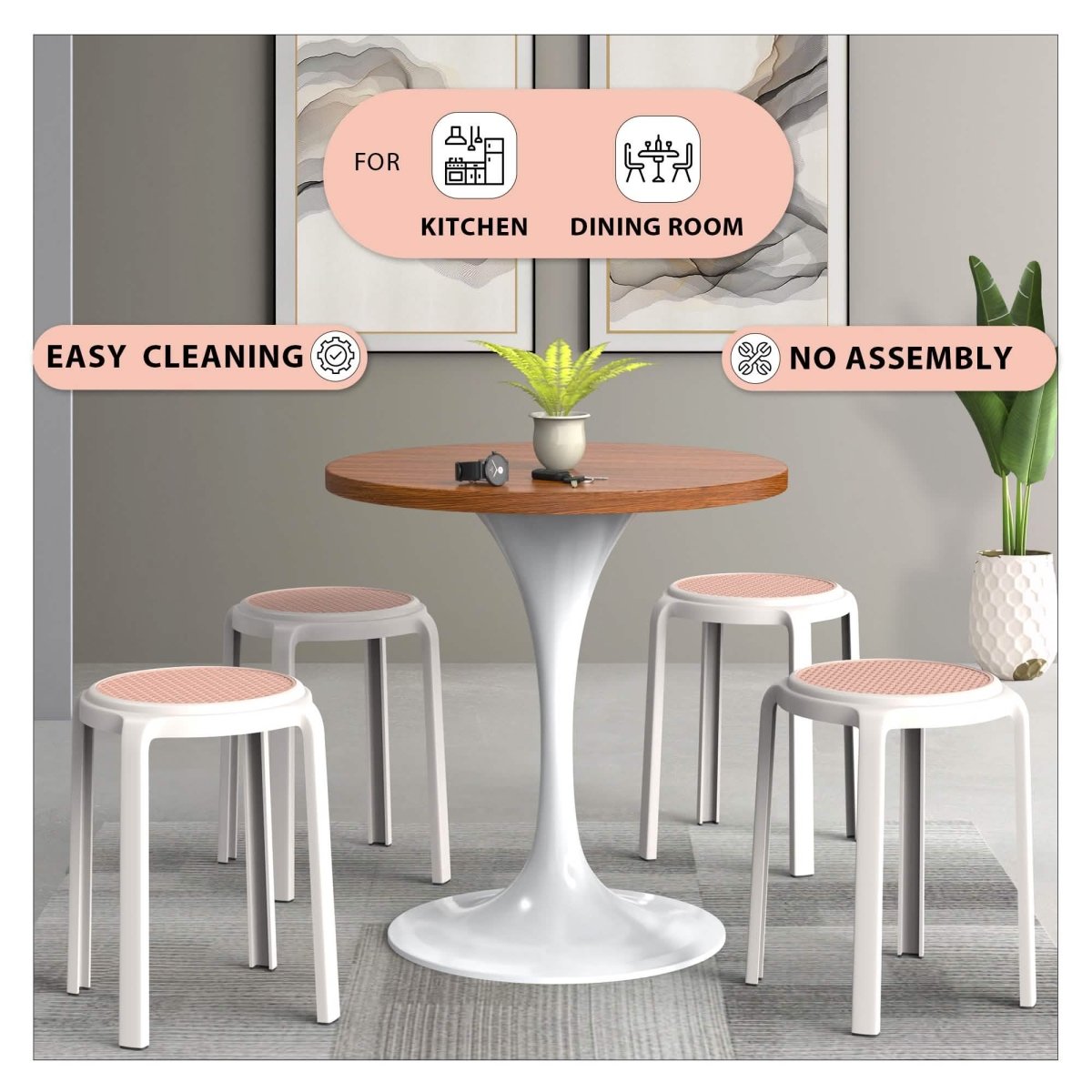 Tresse Mid - Century Modern Stackable Round Plastic Dining Stool for Kitchen and Dining Room