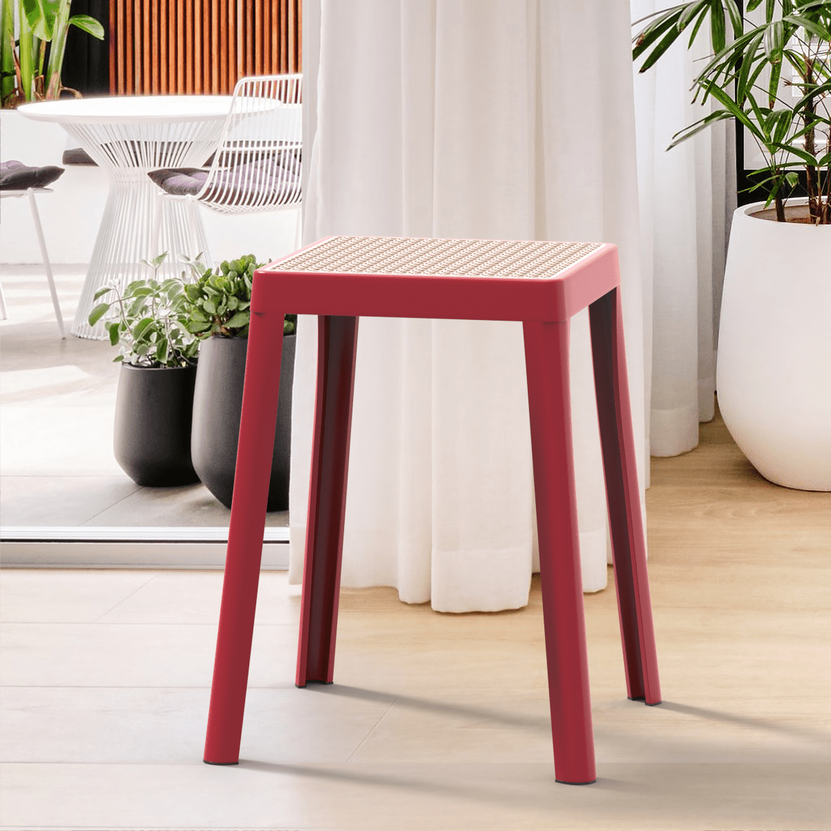 Tresse Mid - Century Modern Stackable Square Plastic Dining Stool with Wicker Top