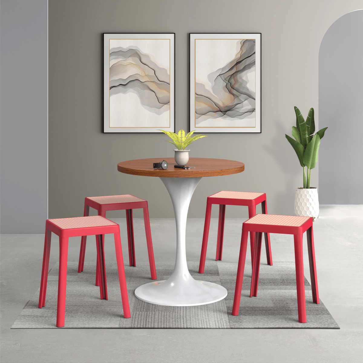 Tresse Mid - Century Modern Stackable Square Plastic Dining Stool with Wicker Top