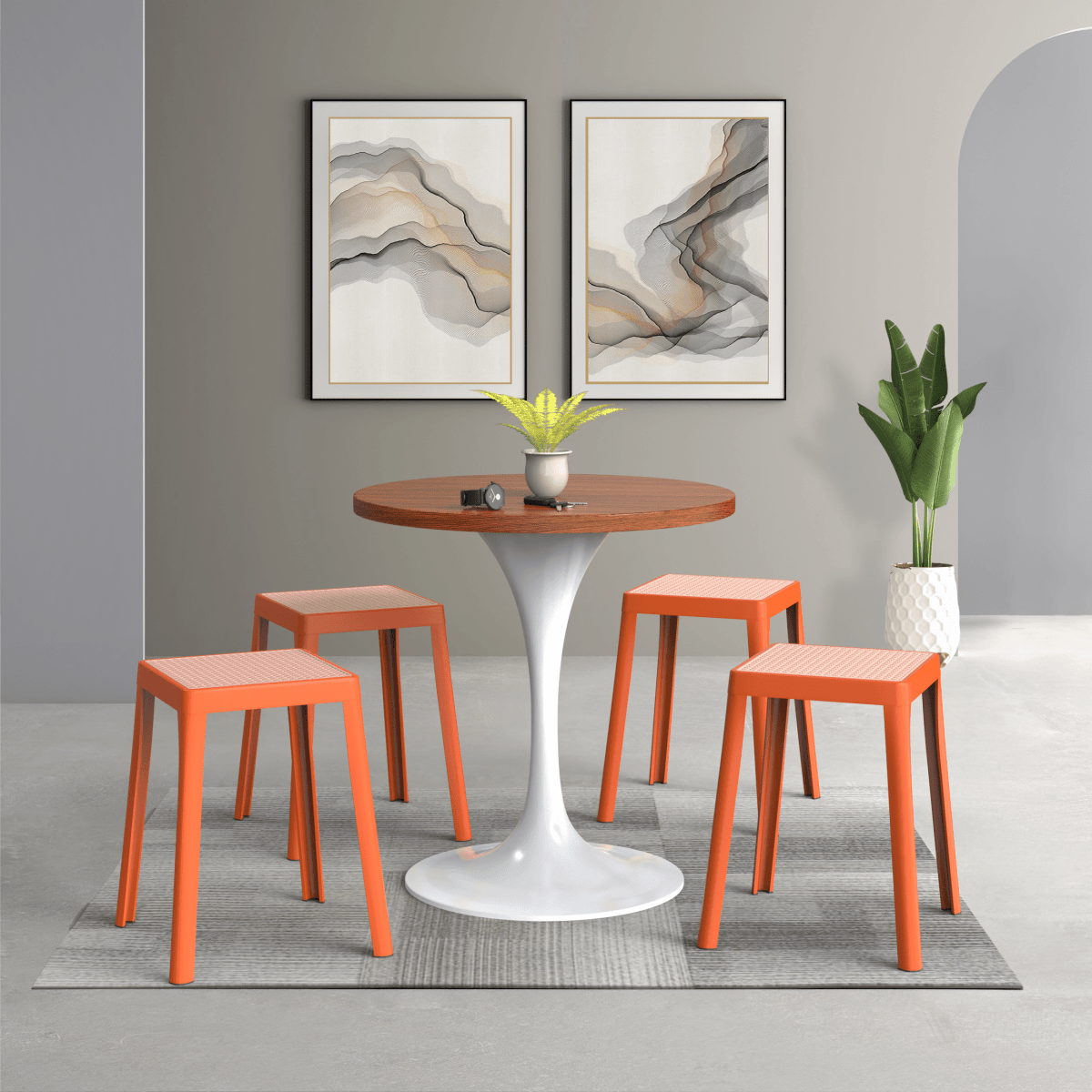 Tresse Mid - Century Modern Stackable Square Plastic Dining Stool with Wicker Top