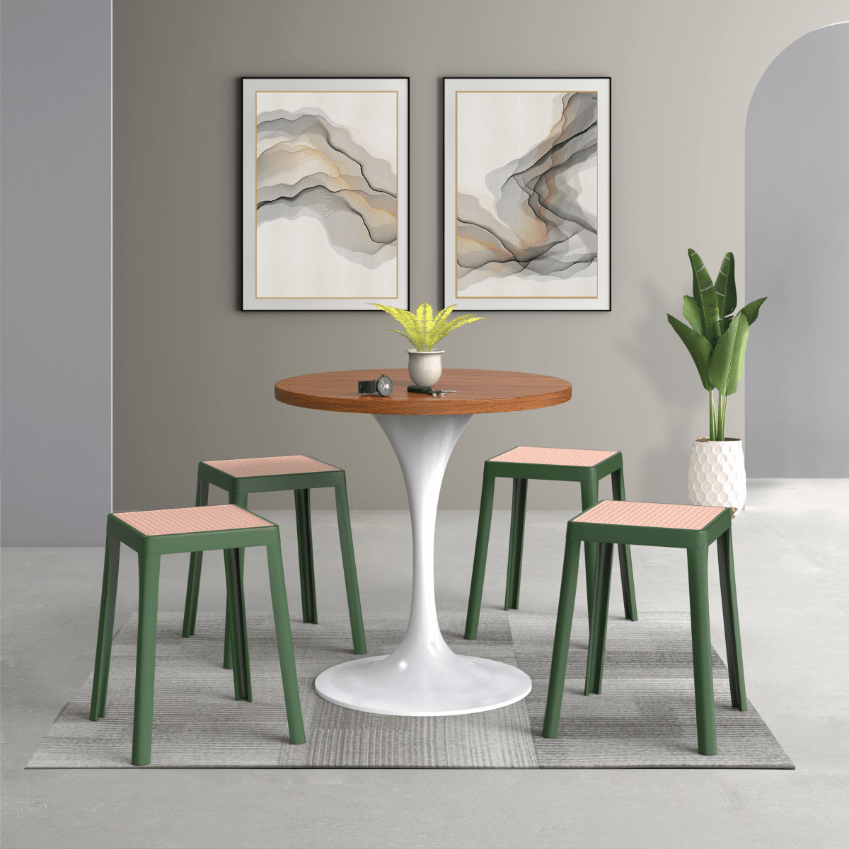 Tresse Mid - Century Modern Stackable Square Plastic Dining Stool with Wicker Top