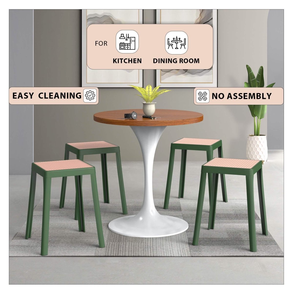 Tresse Mid - Century Modern Stackable Square Plastic Dining Stool with Wicker Top
