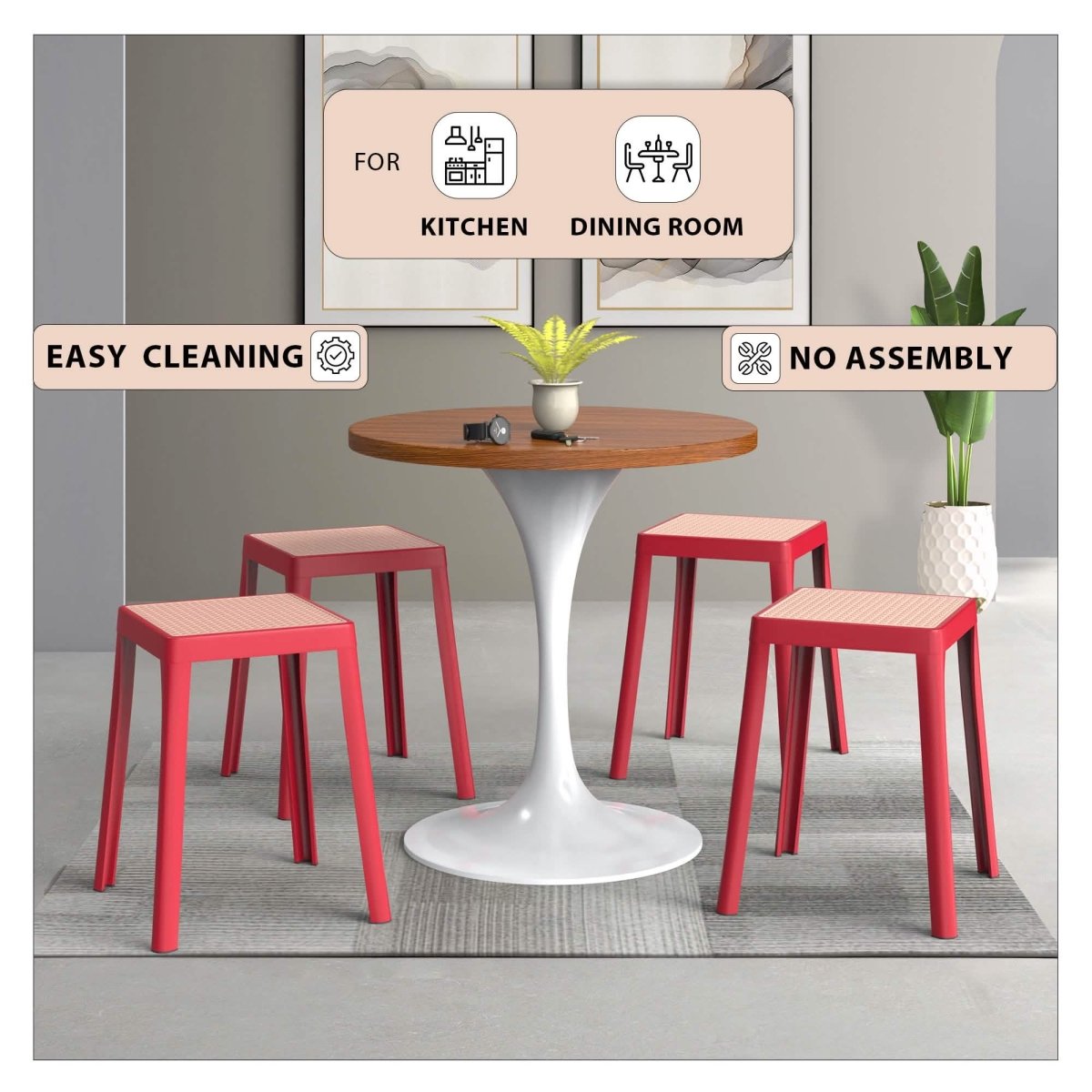 Tresse Mid - Century Modern Stackable Square Plastic Dining Stool with Wicker Top