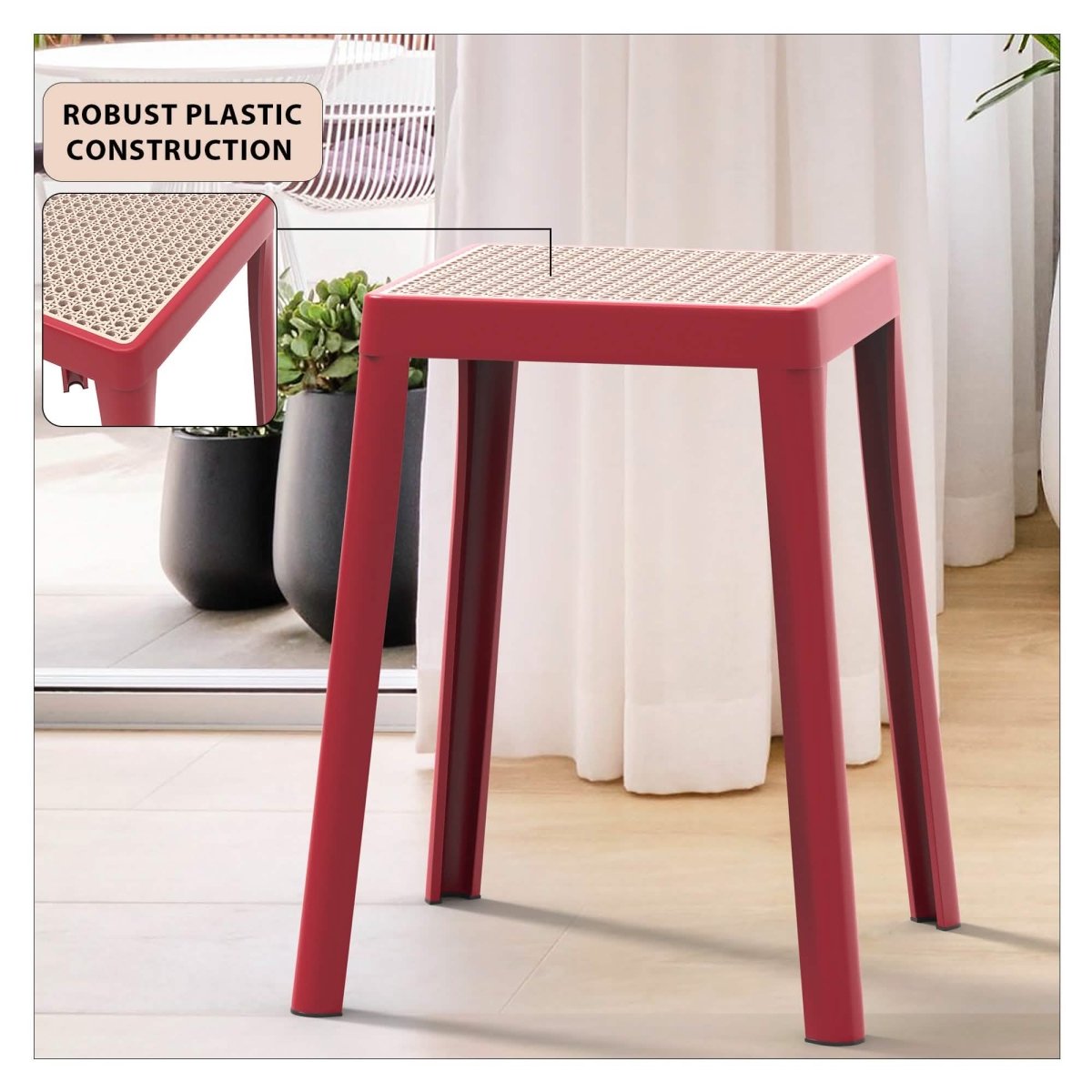 Tresse Mid - Century Modern Stackable Square Plastic Dining Stool with Wicker Top
