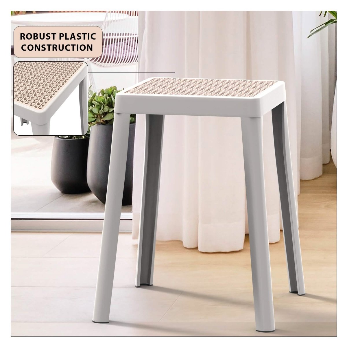 Tresse Mid - Century Modern Stackable Square Plastic Dining Stool with Wicker Top
