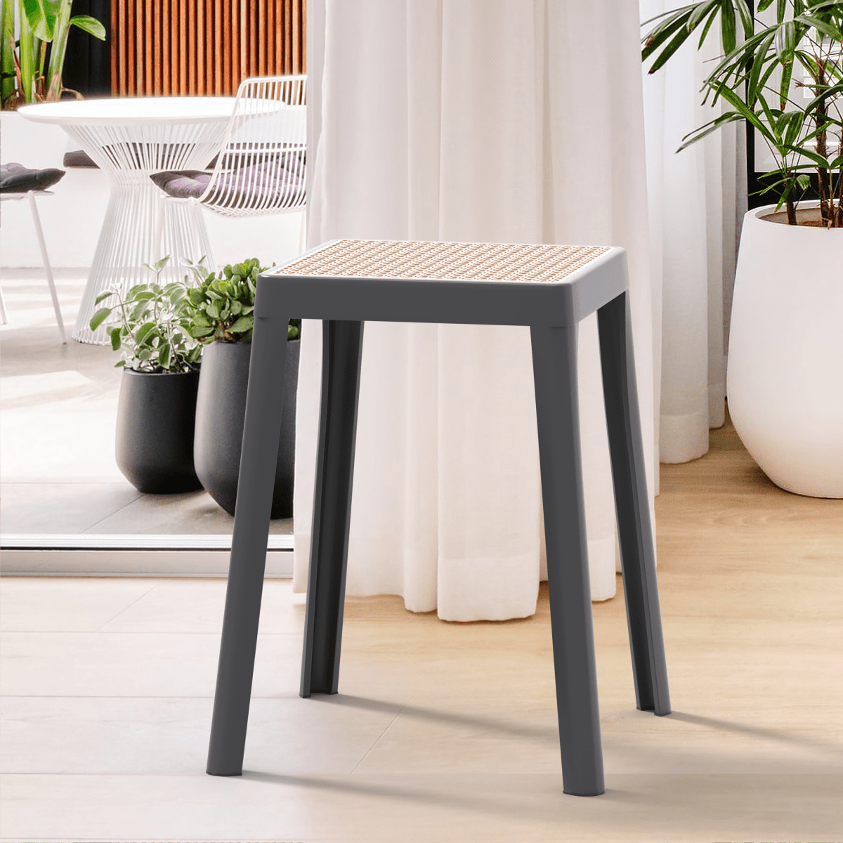 Tresse Mid - Century Modern Stackable Square Plastic Dining Stool with Wicker Top