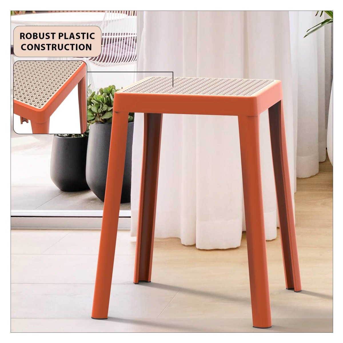 Tresse Mid - Century Modern Stackable Square Plastic Dining Stool with Wicker Top