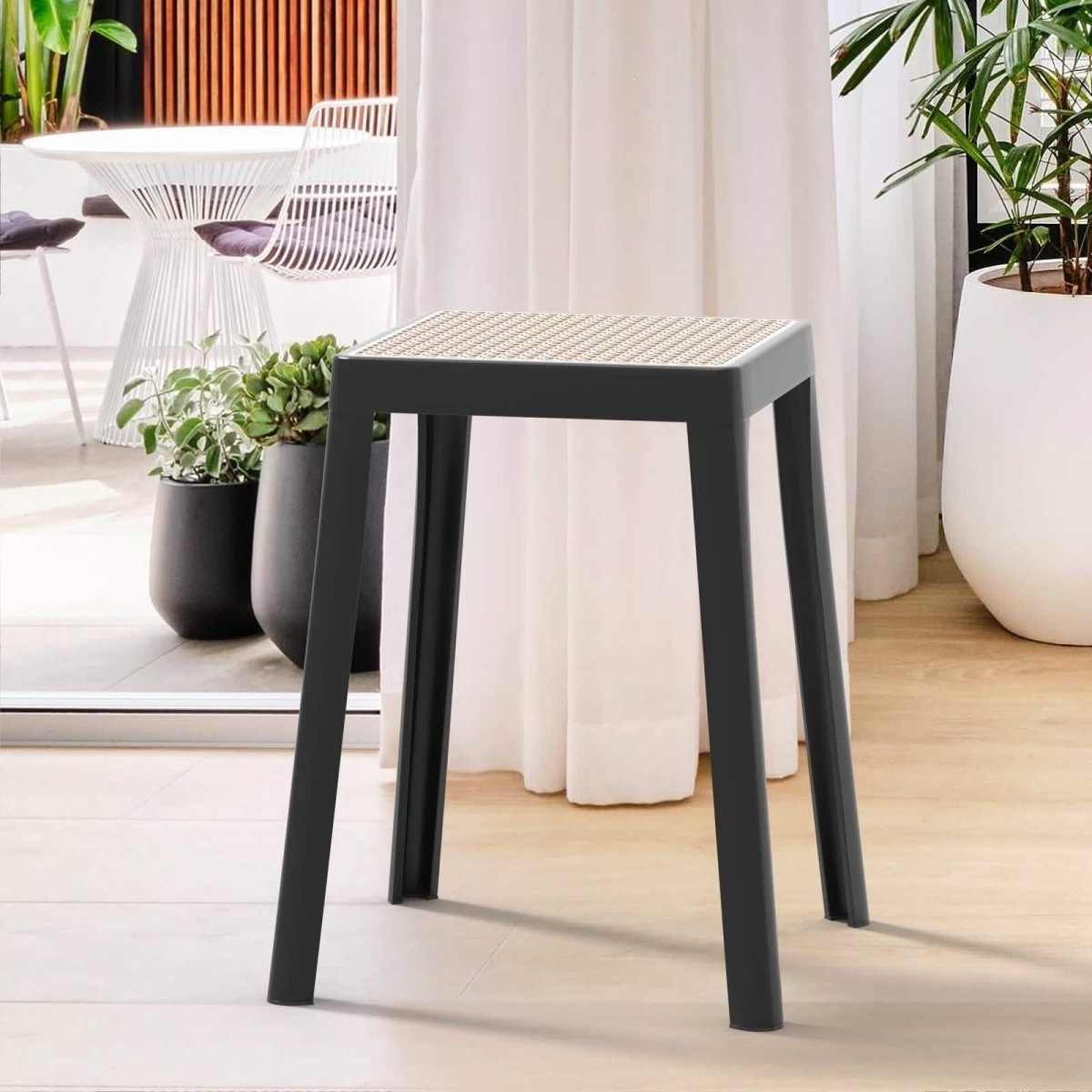 Tresse Mid - Century Modern Stackable Square Plastic Dining Stool with Wicker Top