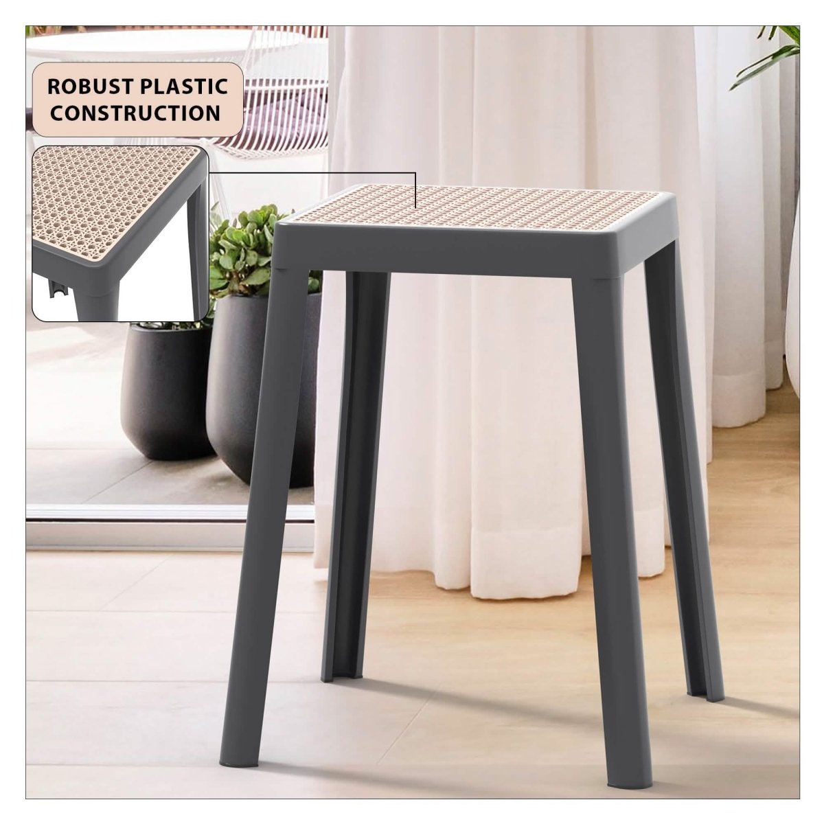 Tresse Mid - Century Modern Stackable Square Plastic Dining Stool with Wicker Top