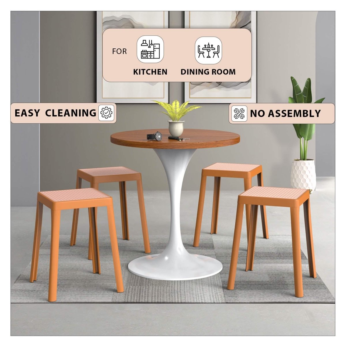 Tresse Mid - Century Modern Stackable Square Plastic Dining Stool with Wicker Top