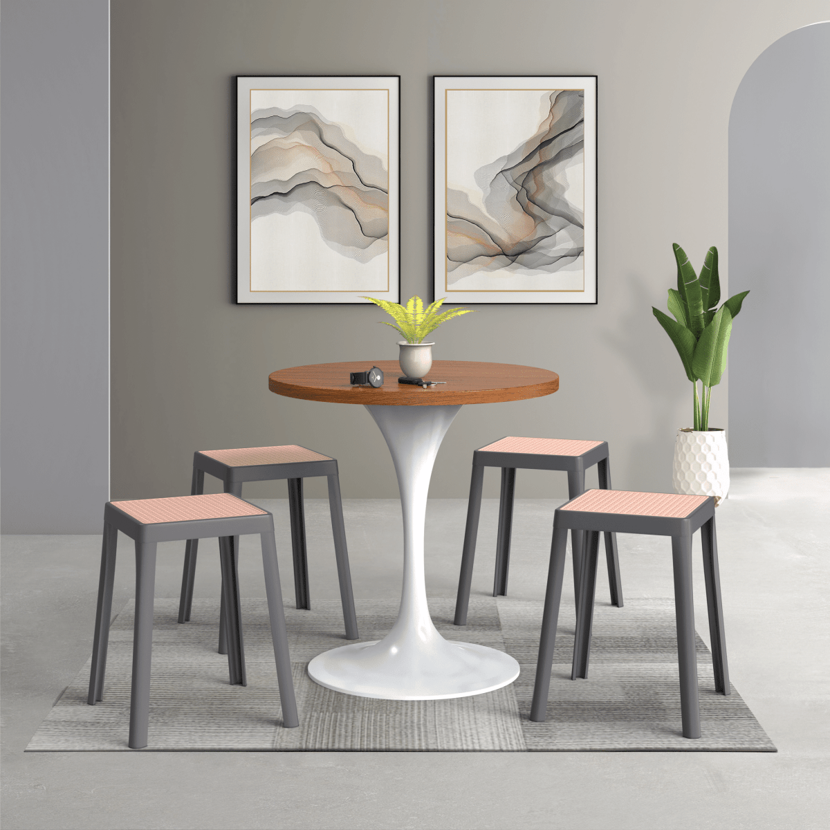 Tresse Mid - Century Modern Stackable Square Plastic Dining Stool with Wicker Top