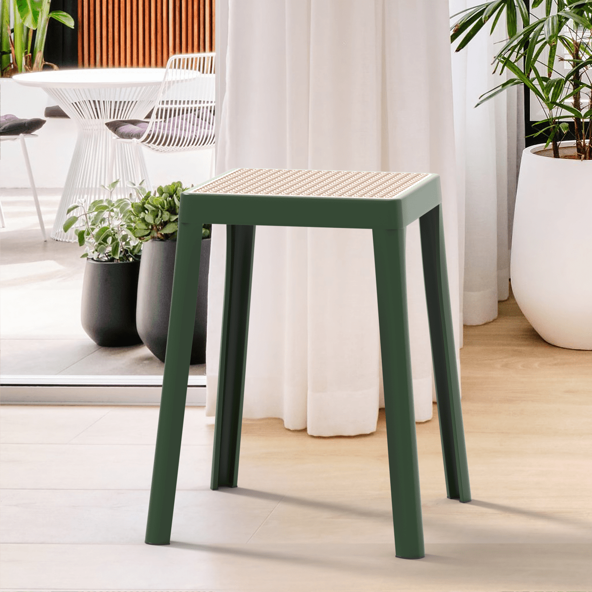 Tresse Mid - Century Modern Stackable Square Plastic Dining Stool with Wicker Top