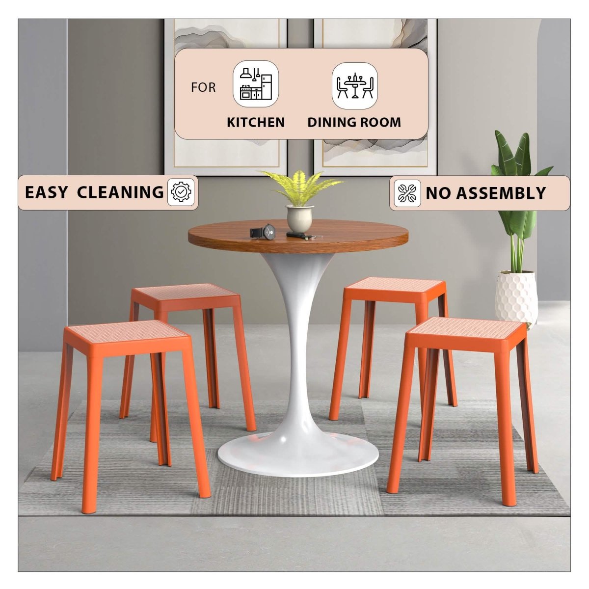 Tresse Mid - Century Modern Stackable Square Plastic Dining Stool with Wicker Top