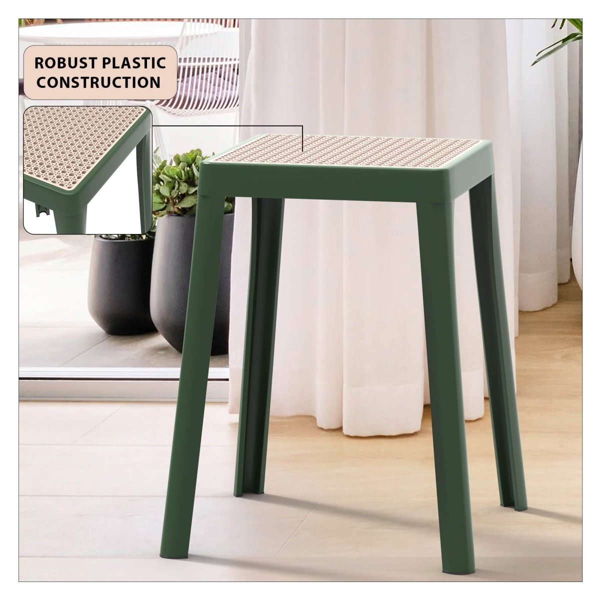 Tresse Mid - Century Modern Stackable Square Plastic Dining Stool with Wicker Top