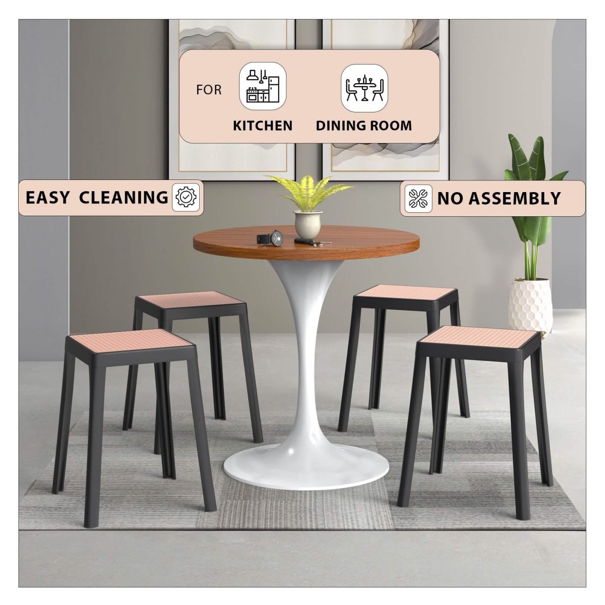 Tresse Mid - Century Modern Stackable Square Plastic Dining Stool with Wicker Top