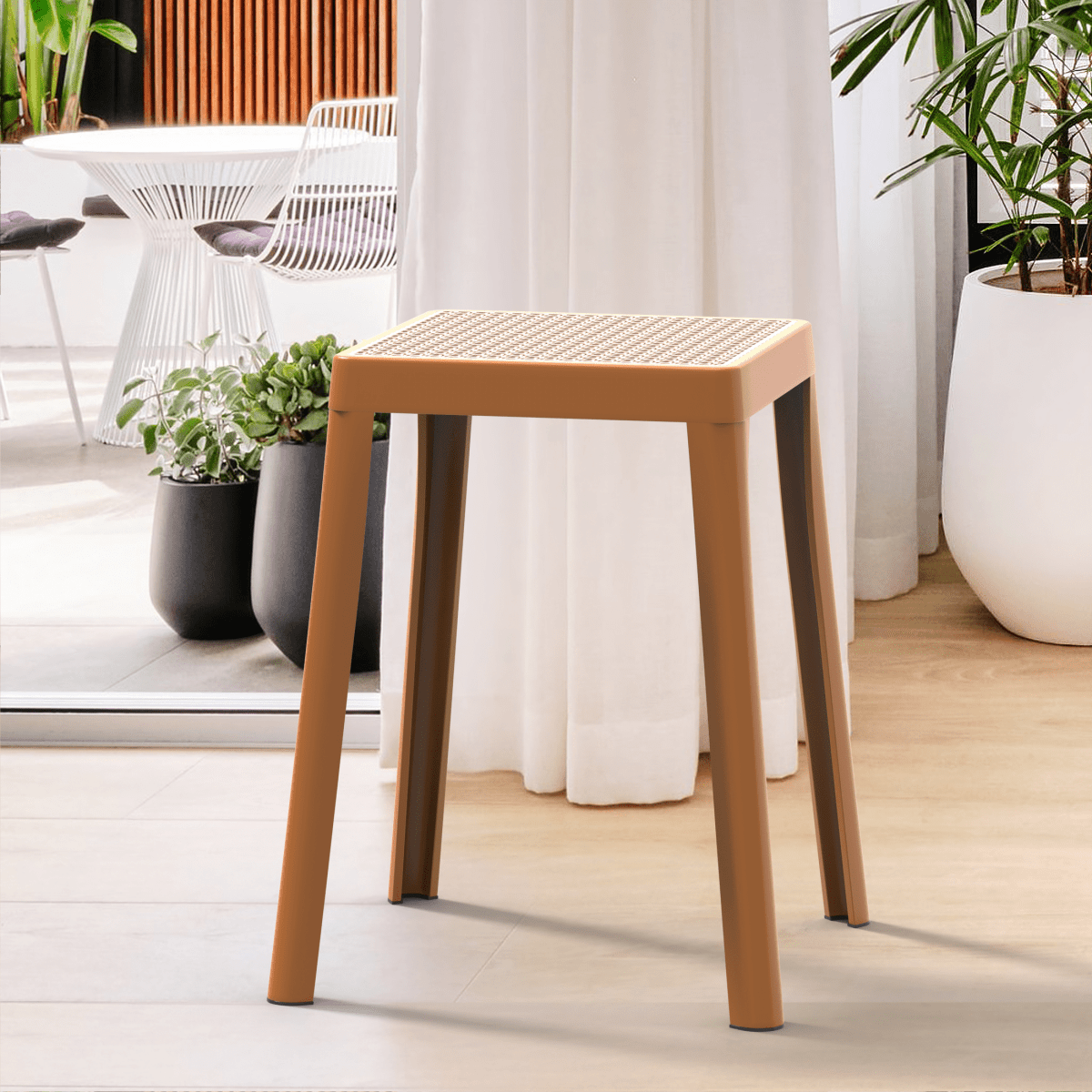 Tresse Mid - Century Modern Stackable Square Plastic Dining Stool with Wicker Top