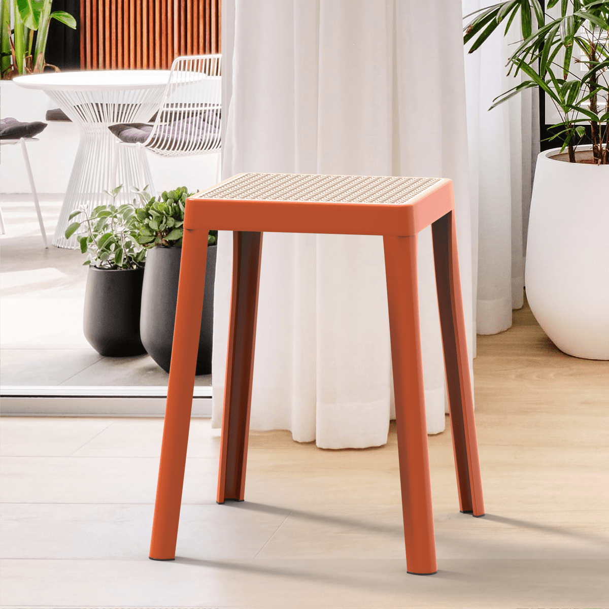 Tresse Mid - Century Modern Stackable Square Plastic Dining Stool with Wicker Top