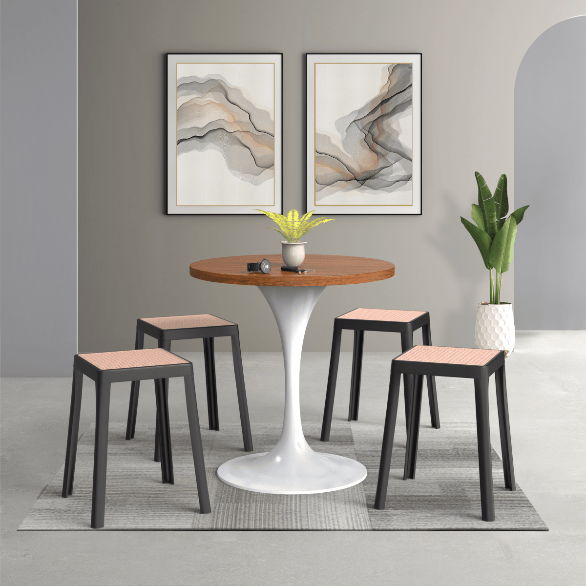 Tresse Mid - Century Modern Stackable Square Plastic Dining Stool with Wicker Top