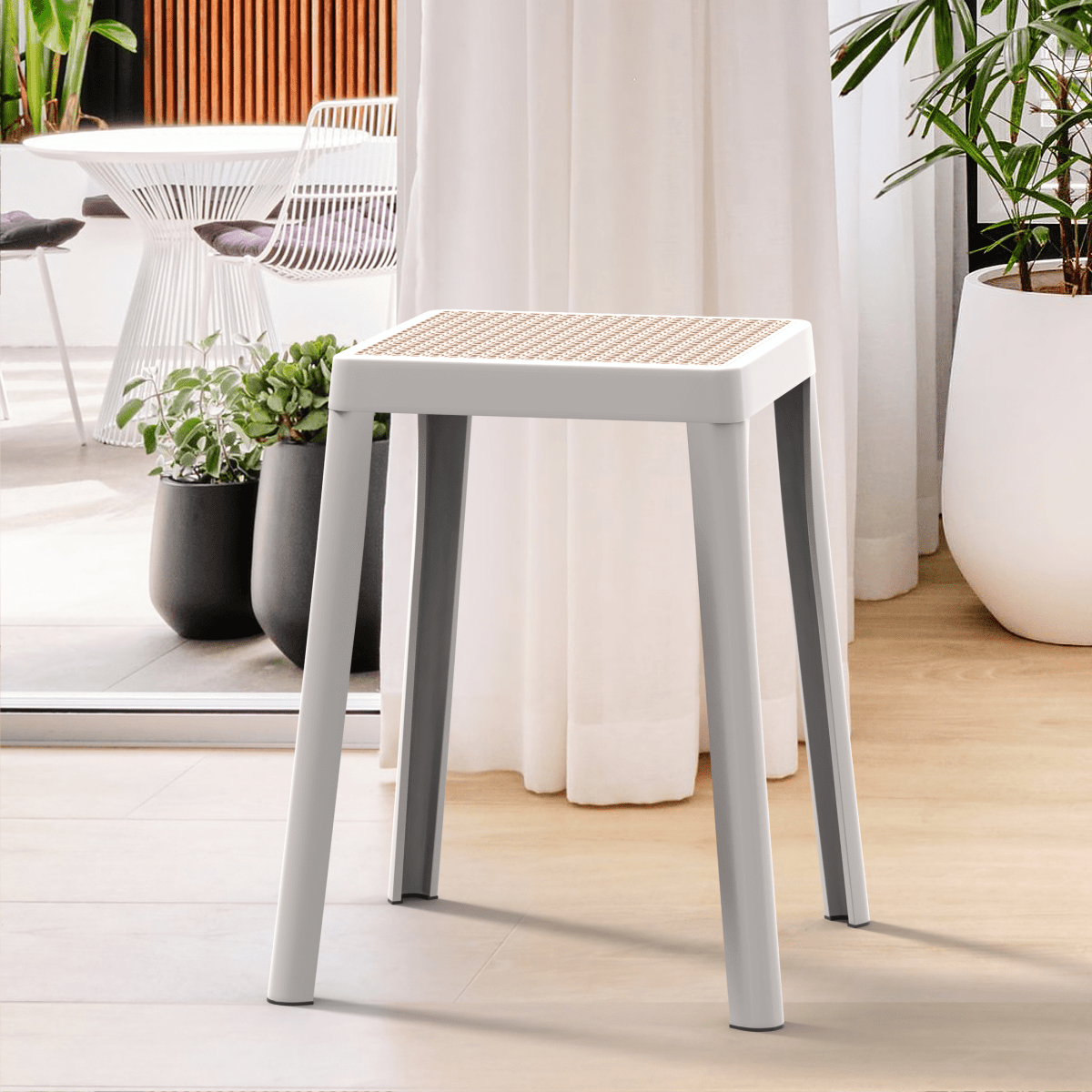Tresse Mid - Century Modern Stackable Square Plastic Dining Stool with Wicker Top