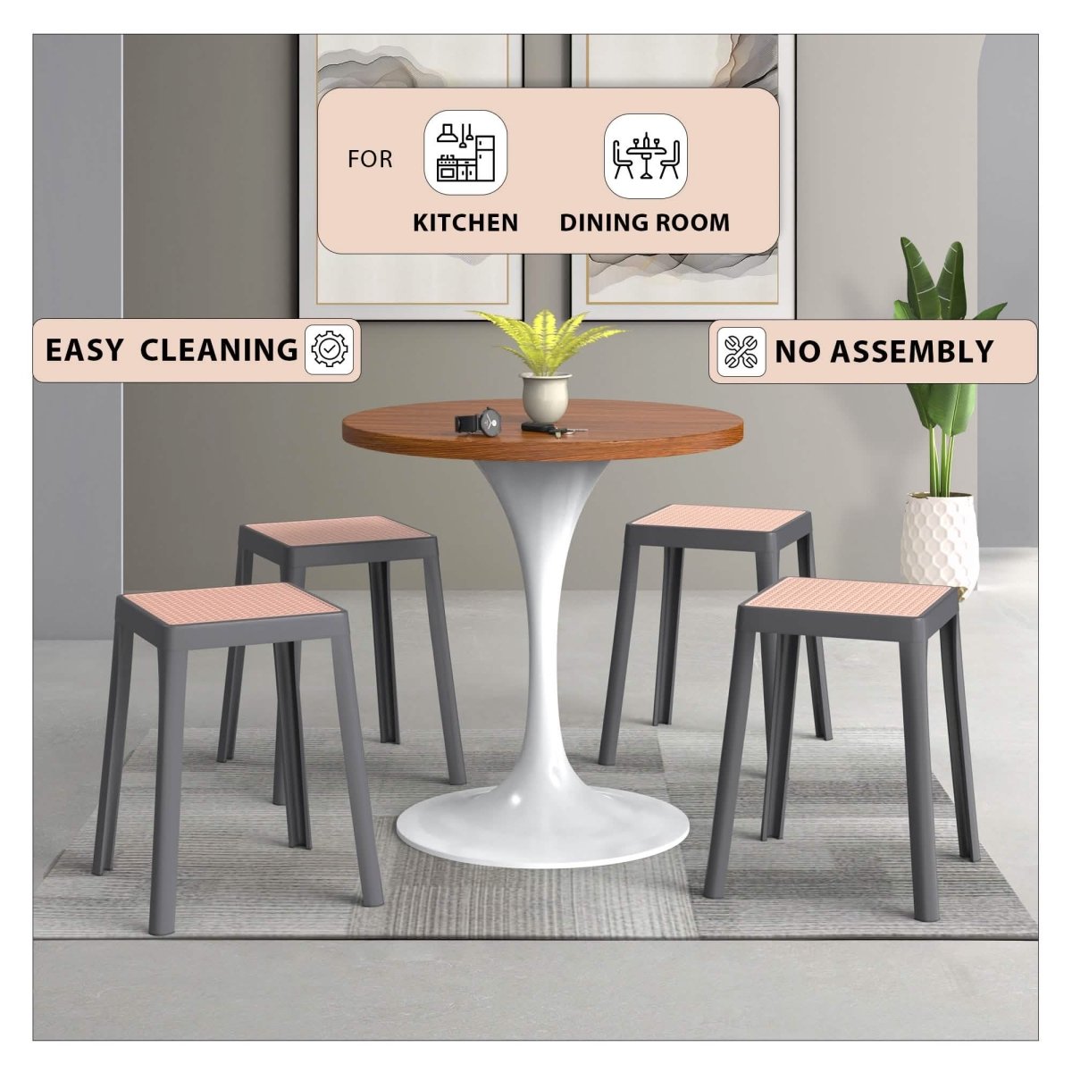 Tresse Mid - Century Modern Stackable Square Plastic Dining Stool with Wicker Top