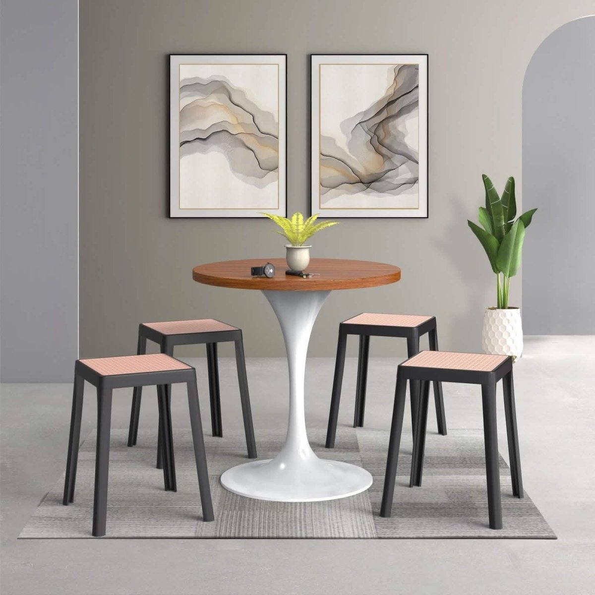 Tresse Mid - Century Modern Stackable Square Plastic Dining Stool with Wicker Top